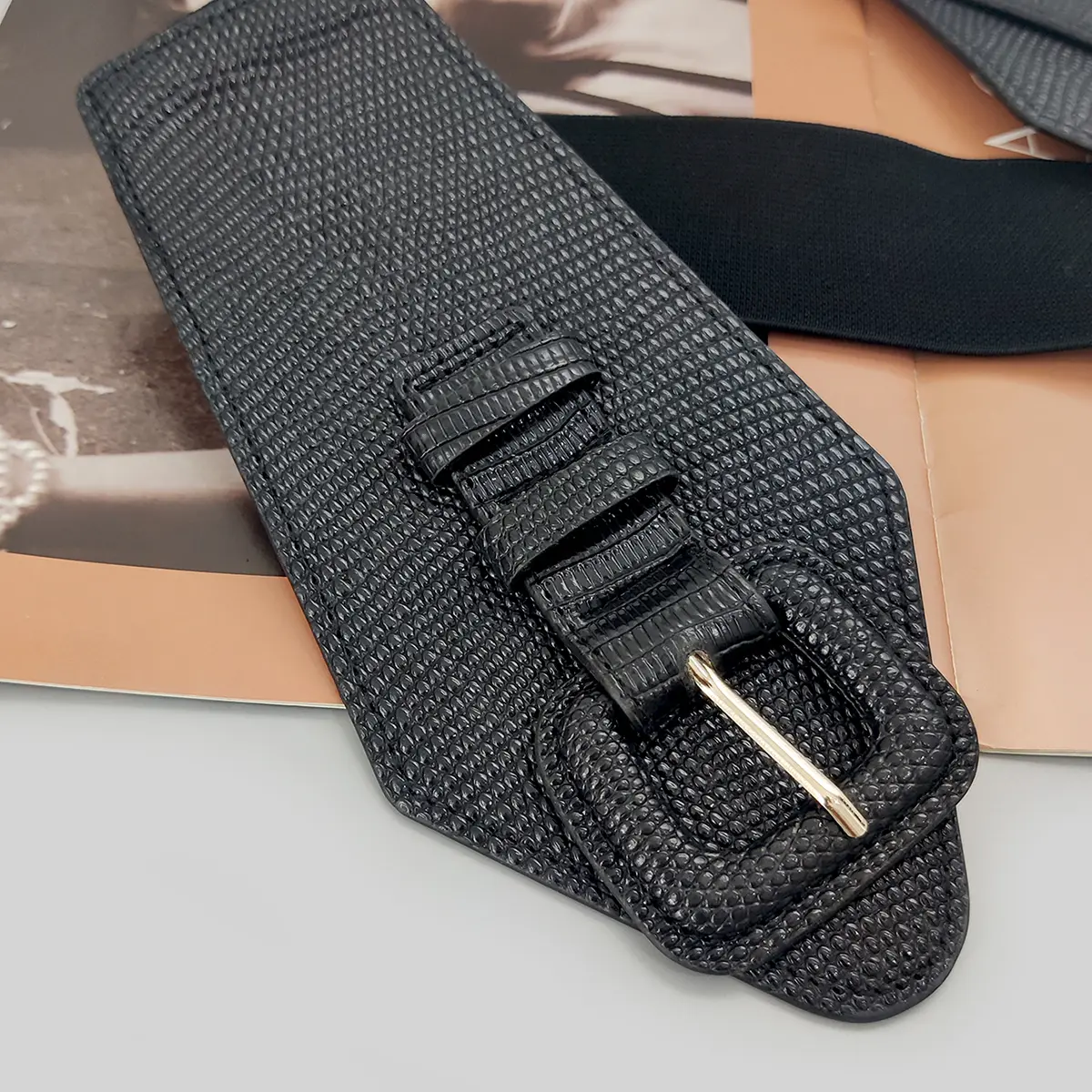 Wide Y2K Black Elastic Corset Belt Lizard Leather Female Plus Size Stretch Cummerbunds Designer Belts For Women High Quality