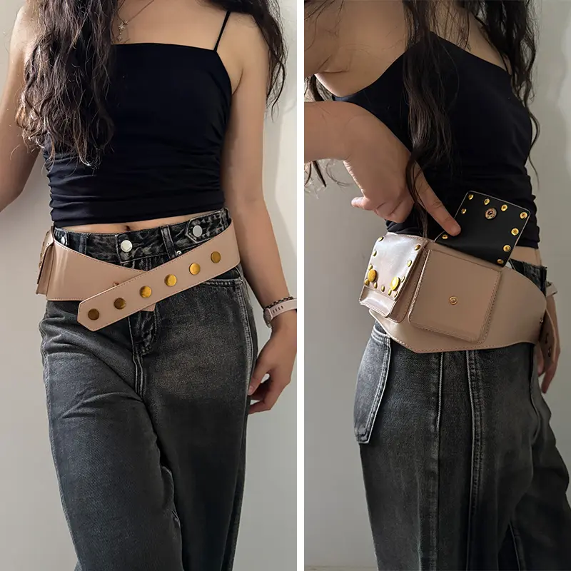 Western Cowgirl Big Pockets Pu Leather Belt Female Y2K Safari Style Women's Outdoor Skirts Jeans Waistband Punk Gothic Belt