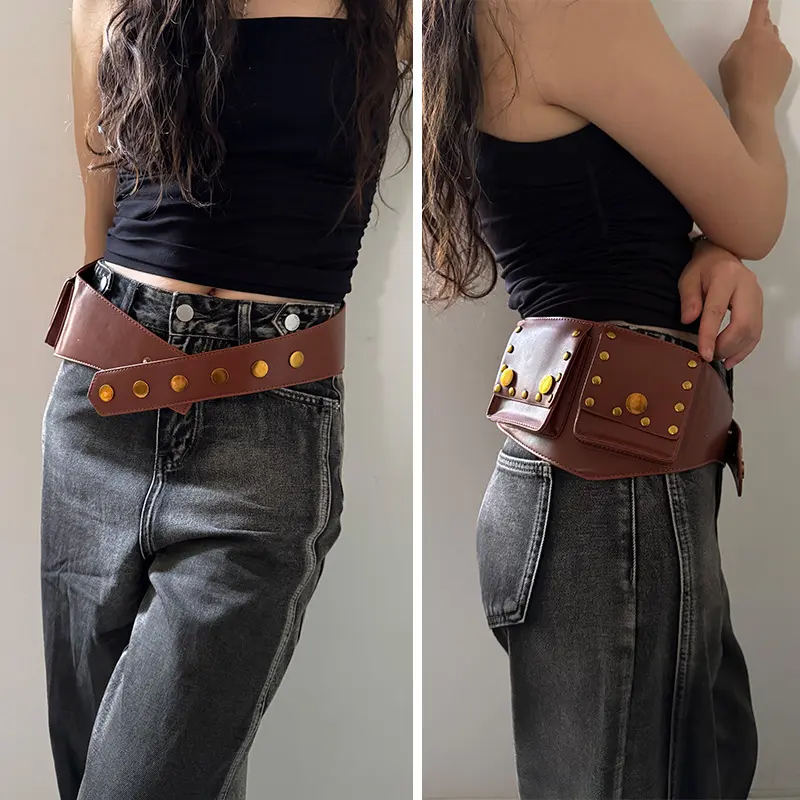Western Cowgirl Big Pockets Pu Leather Belt Female Y2K Safari Style Women's Outdoor Skirts Jeans Waistband Punk Gothic Belt