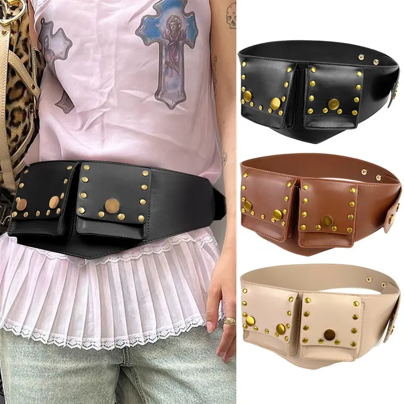 Western Cowgirl Big Pockets Pu Leather Belt Female Y2K Safari Style Women's Outdoor Skirts Jeans Waistband Punk Gothic Belt