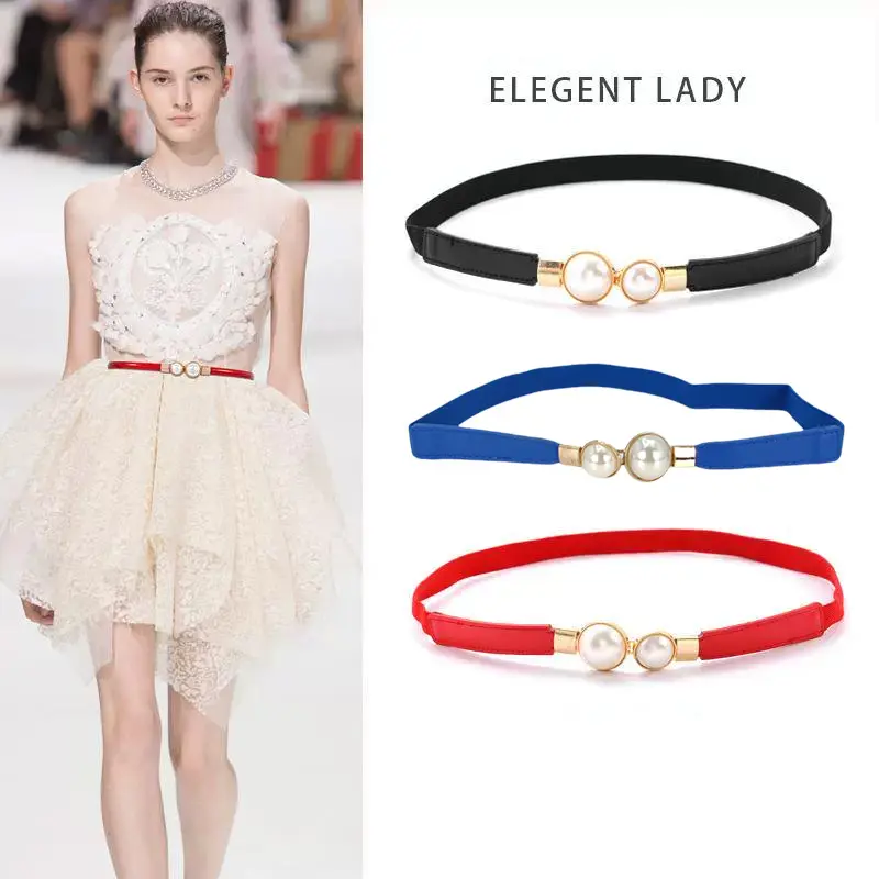 Fashion Pearl Buckle Belt PU Leather Dress Skirt Elastic Thin Girdles Belts Ladies Waistband Elegant Belts For Women Female