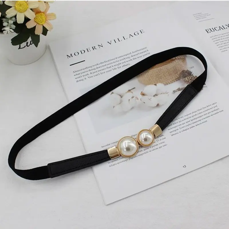 Fashion Pearl Buckle Belt PU Leather Dress Skirt Elastic Thin Girdles Belts Ladies Waistband Elegant Belts For Women Female