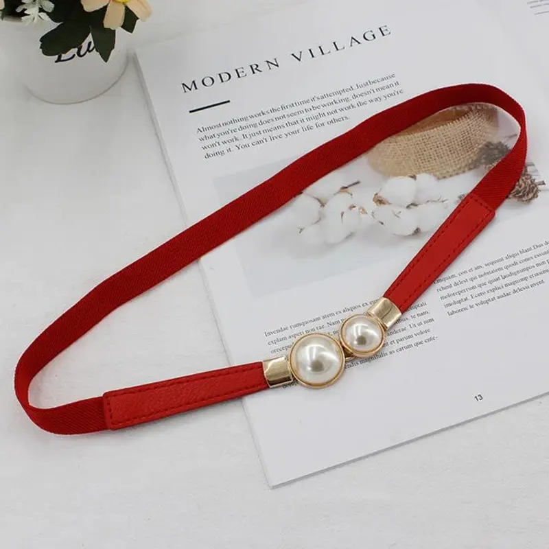 Fashion Pearl Buckle Belt PU Leather Dress Skirt Elastic Thin Girdles Belts Ladies Waistband Elegant Belts For Women Female