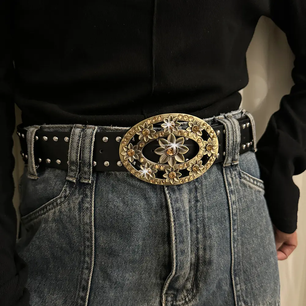 Unisex Jeans Belt Male Gothic Punk Y2k Designer Belts For Women Golden Rhinestone Flora Plus Size Rivet Black Men's Belt Female