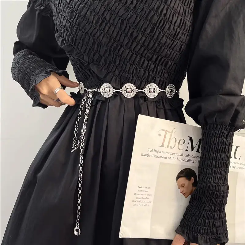 Boho Hollow Circle Flora Golden Waist Chain Belt Female Punk Gothic Metal Belts For Women High-end Luxury Brands Dress Waistband