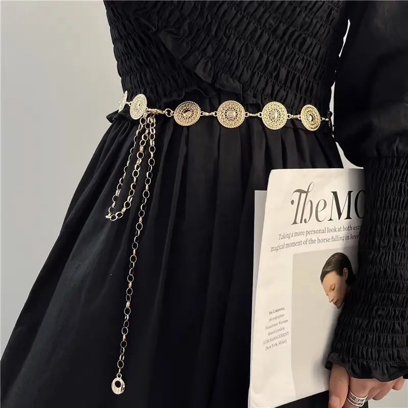 Boho Hollow Circle Flora Golden Waist Chain Belt Female Punk Gothic Metal Belts For Women High-end Luxury Brands Dress Waistband
