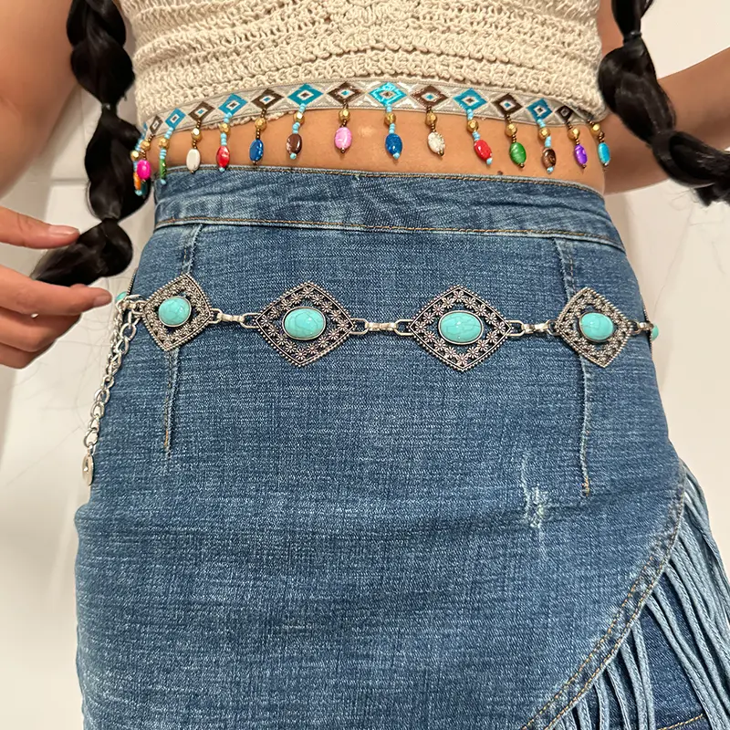 Fashion silver Bohemian blue gemstone rhombus women's waist chain adjustable designer chain belts for women suit for beach