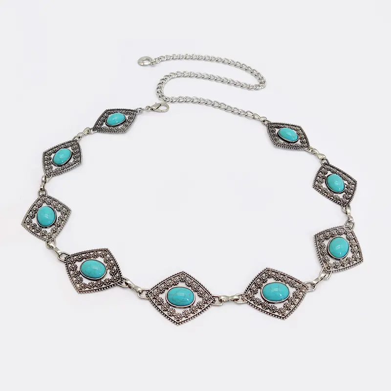 Fashion silver Bohemian blue gemstone rhombus women's waist chain adjustable designer chain belts for women suit for beach