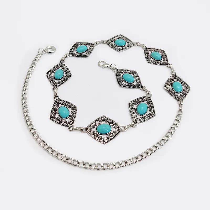 Fashion silver Bohemian blue gemstone rhombus women's waist chain adjustable designer chain belts for women suit for beach