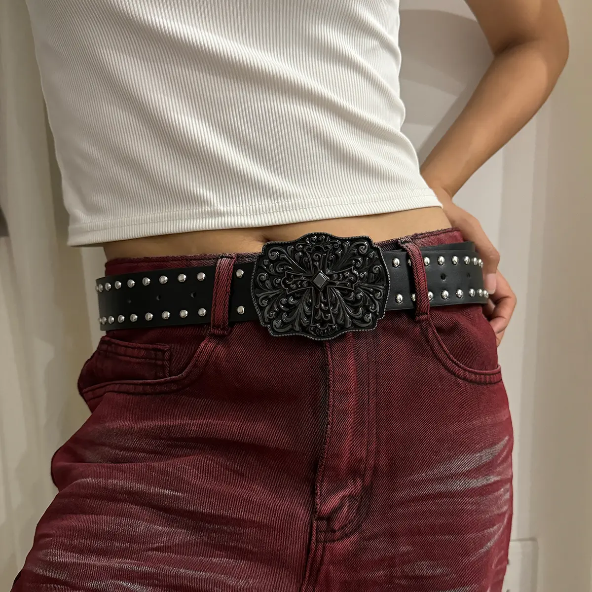 Unisex Jeans Belt Goth Y2k Designer Belts For Women High Quality Luxury Brand Black Cross Rivet Punk Accessory  Men Waistband