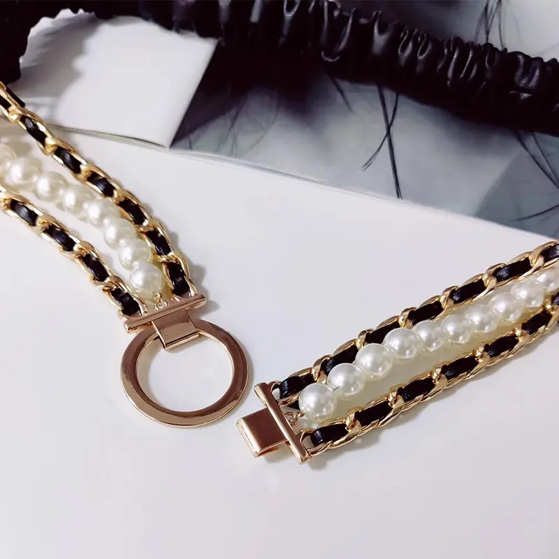 Fashion White corset Belt for women elegant high-end luxury brands Pearl Elastic cummerbund Black Desiner Women's belt female