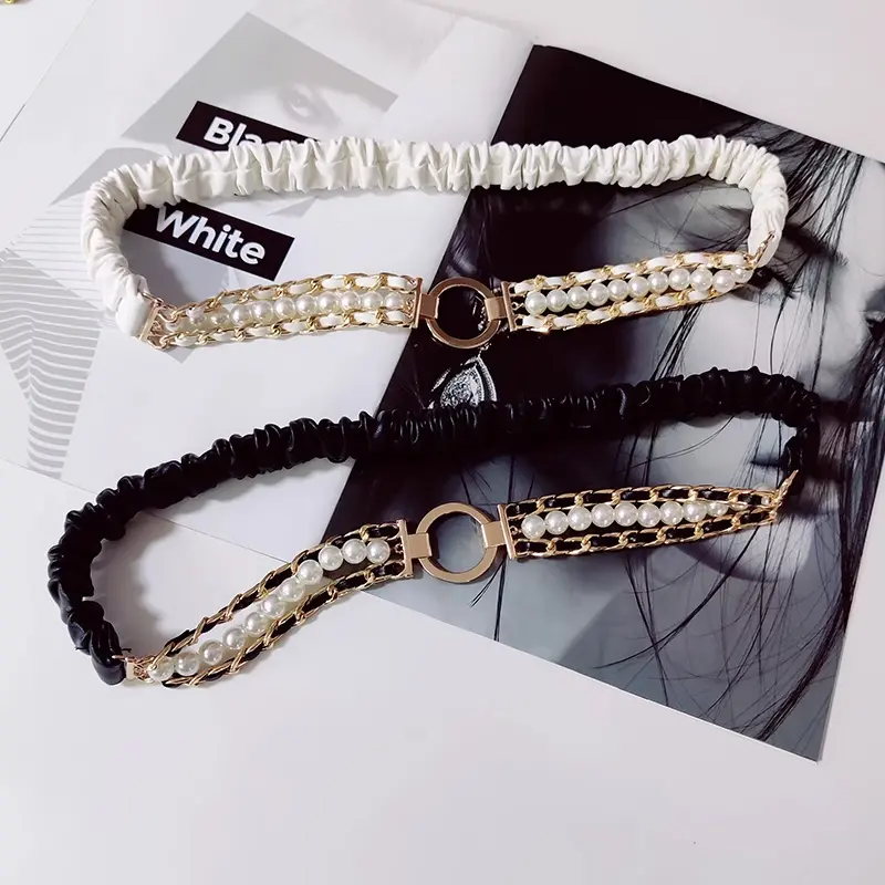Fashion White corset Belt for women elegant high-end luxury brands Pearl Elastic cummerbund Black Desiner Women's belt female