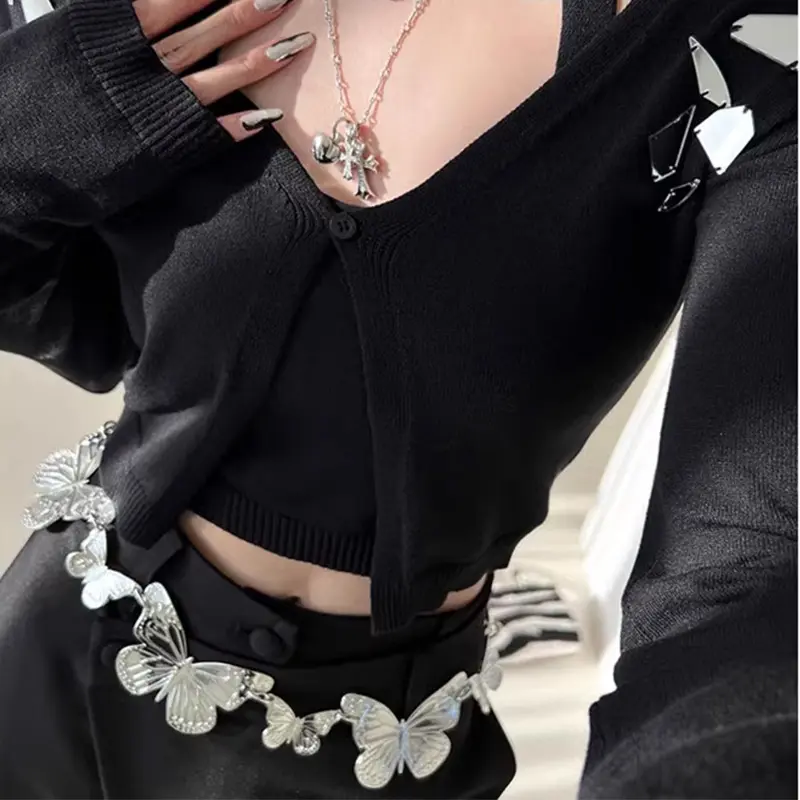 Fashion Silver Big Butterfly Metal waist chain Belt female High-end luxury Brands Punk Gothic Y2K Belt Dress Waistband for women