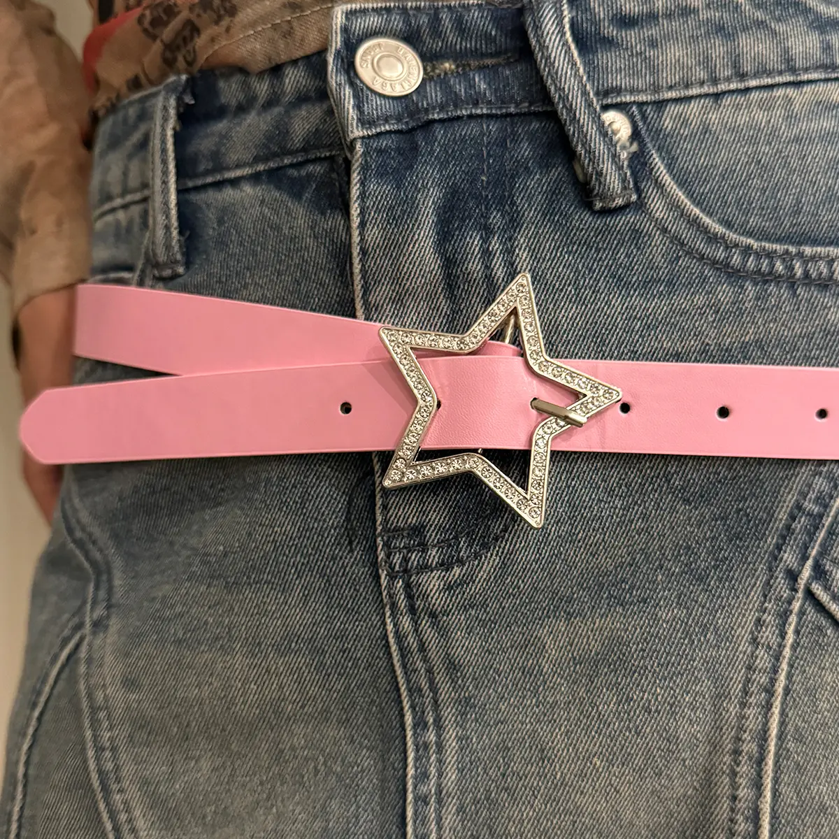 Pink Y2K Belts for Women Spice Girls Rhinestone Star Buckle Black Jeans Pu Leather Belt Harajuku Waistband Punk Accessory