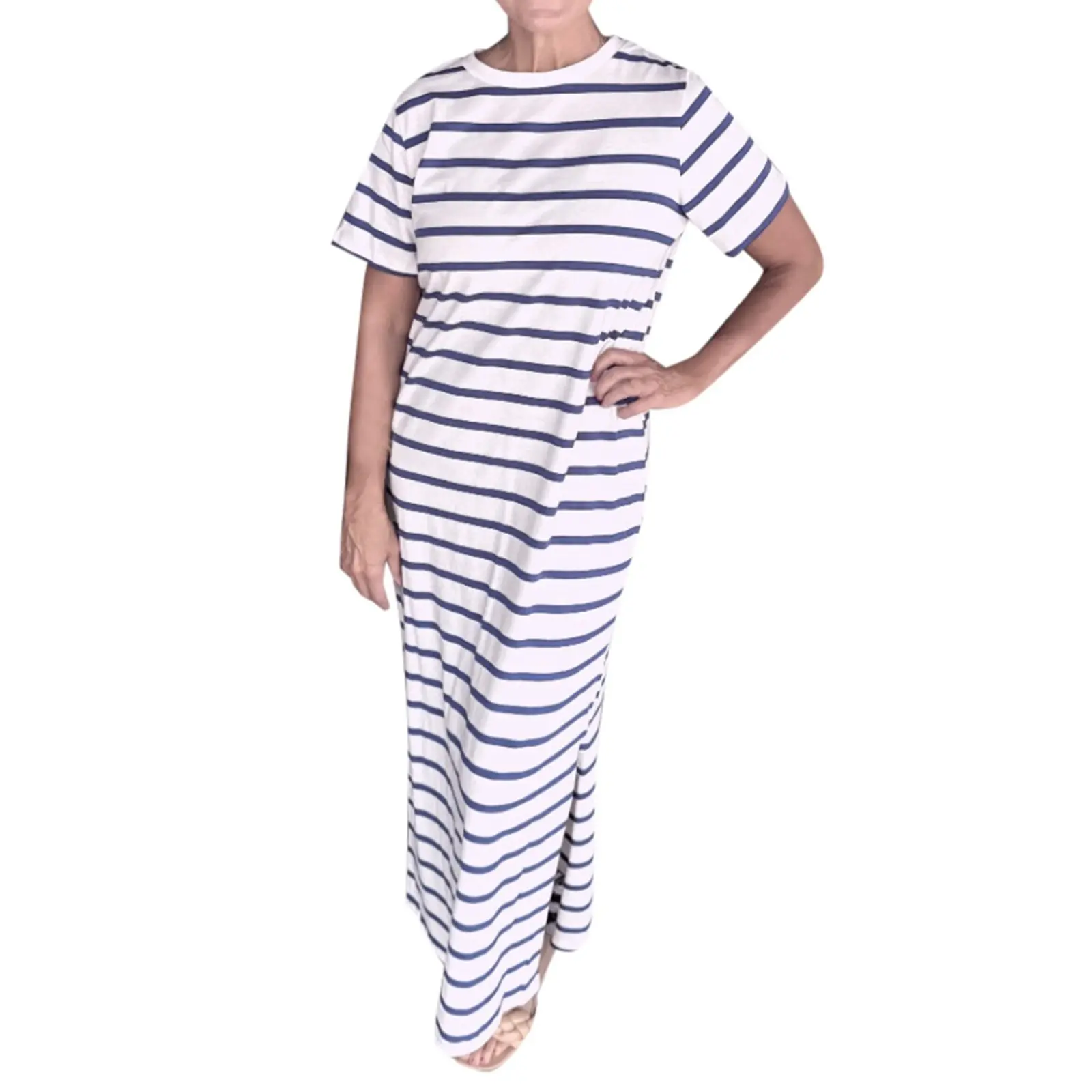 Womens Loose T Shirt Dress Casual Side Pocket Round Neck Slit Pullover Casual Spring Summer Striped Pullover Long Dresses Female