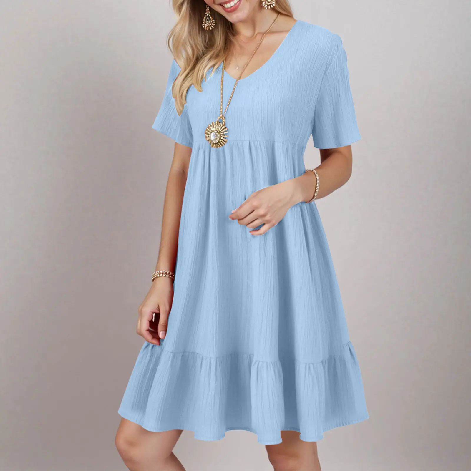 Women Summer Dress Short Sleeve V Neck Solid Color A Line Swing Long Dress Texture Ruffle Flowy Beach Holiday Casual White Dress