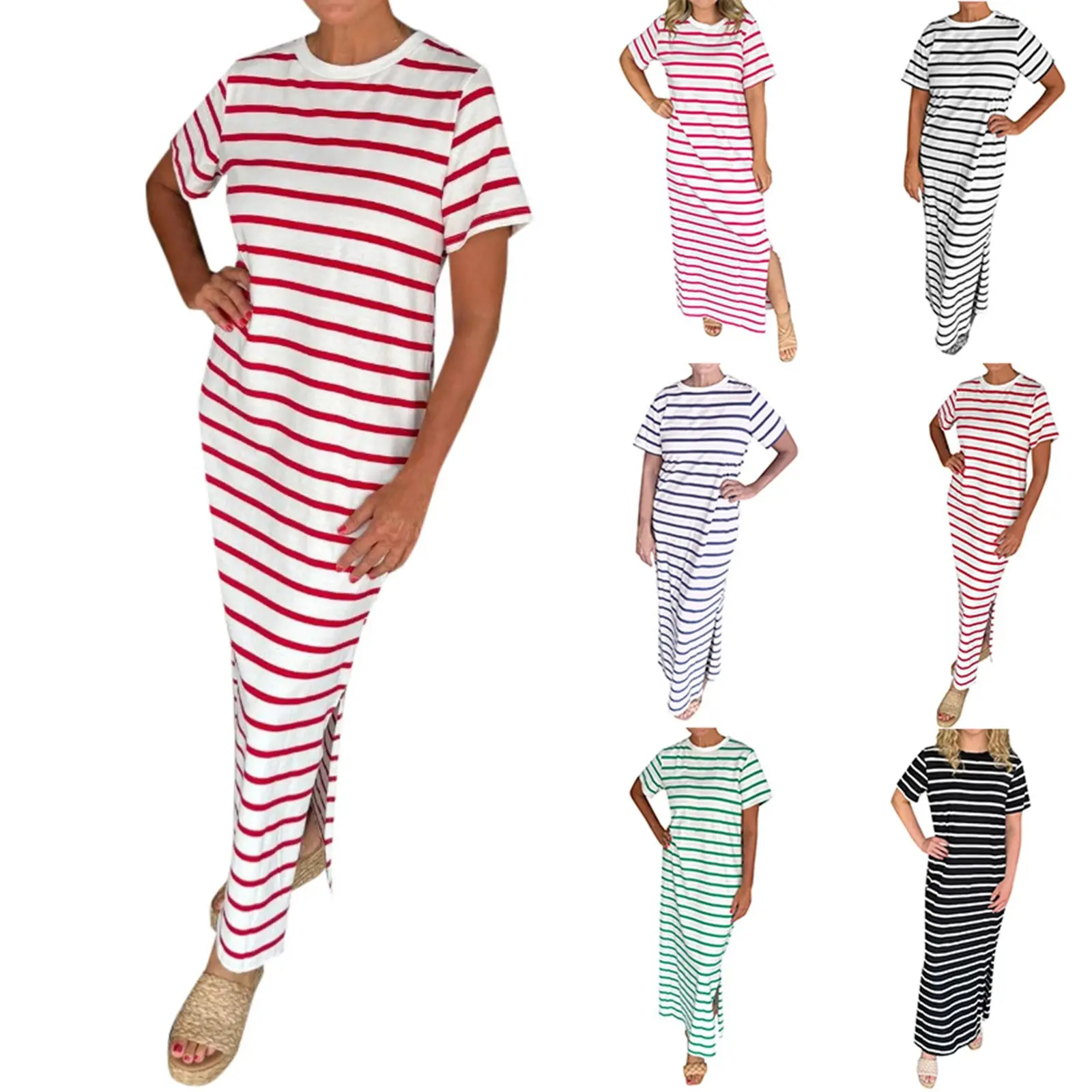 Womens Loose T Shirt Dress Casual Side Pocket Round Neck Slit Pullover Casual Spring Summer Striped Pullover Long Dresses Female