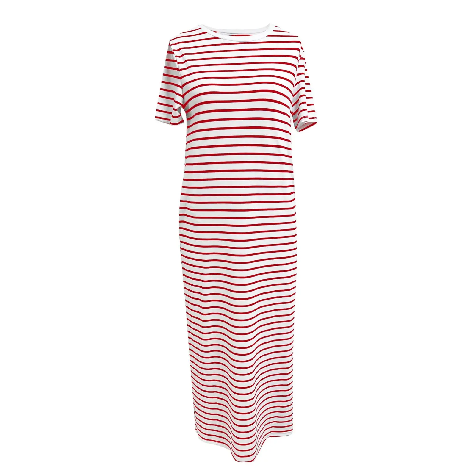 Womens Loose T Shirt Dress Casual Side Pocket Round Neck Slit Pullover Casual Spring Summer Striped Pullover Long Dresses Female