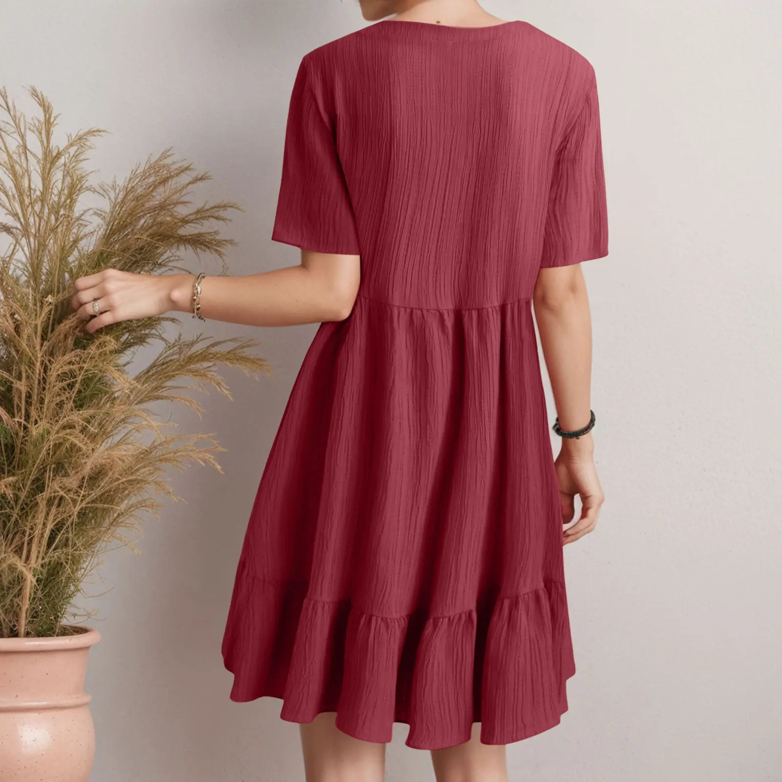 Women Summer Dress Short Sleeve V Neck Solid Color A Line Swing Long Dress Texture Ruffle Flowy Beach Holiday Casual White Dress