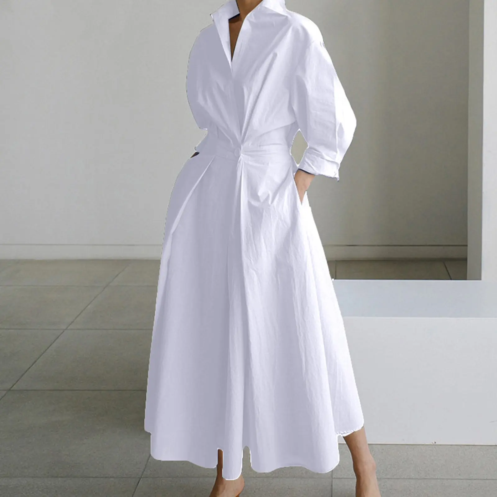 Women Long Sleeve White Shirt Dress 2024 Summer Autumn Casual Lapel Wrap Dresses Vestido Single Breasted Button Party Maxi Dress