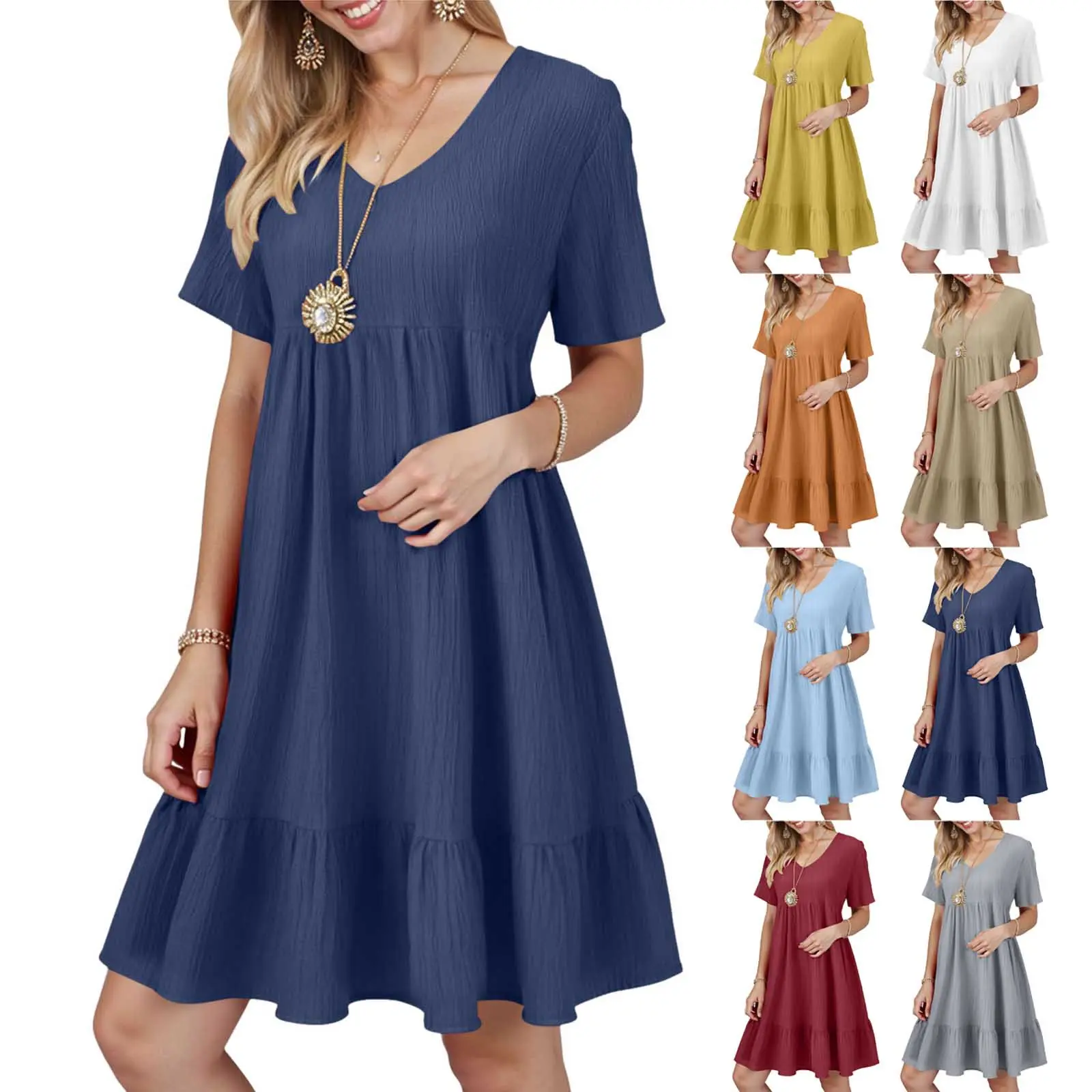 Women Summer Dress Short Sleeve V Neck Solid Color A Line Swing Long Dress Texture Ruffle Flowy Beach Holiday Casual White Dress
