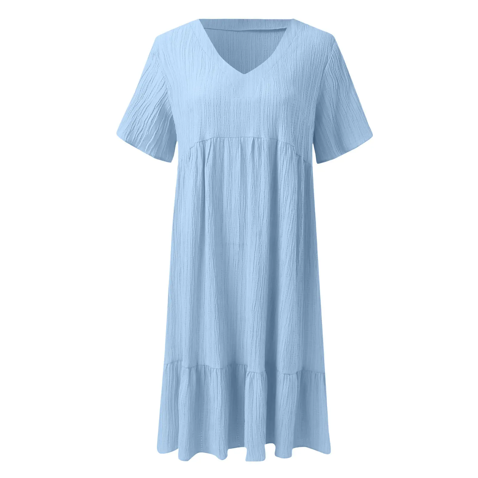 Women Summer Dress Short Sleeve V Neck Solid Color A Line Swing Long Dress Texture Ruffle Flowy Beach Holiday Casual White Dress