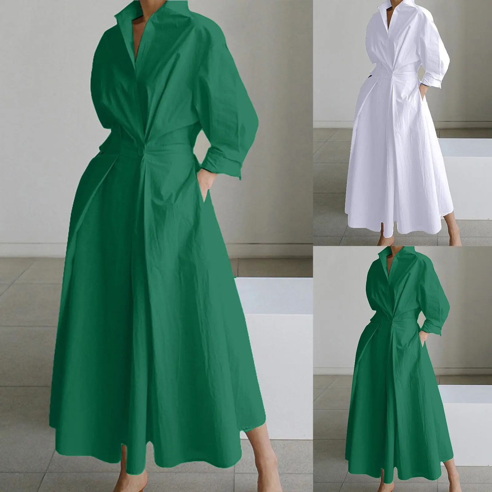 Women Long Sleeve White Shirt Dress 2024 Summer Autumn Casual Lapel Wrap Dresses Vestido Single Breasted Button Party Maxi Dress