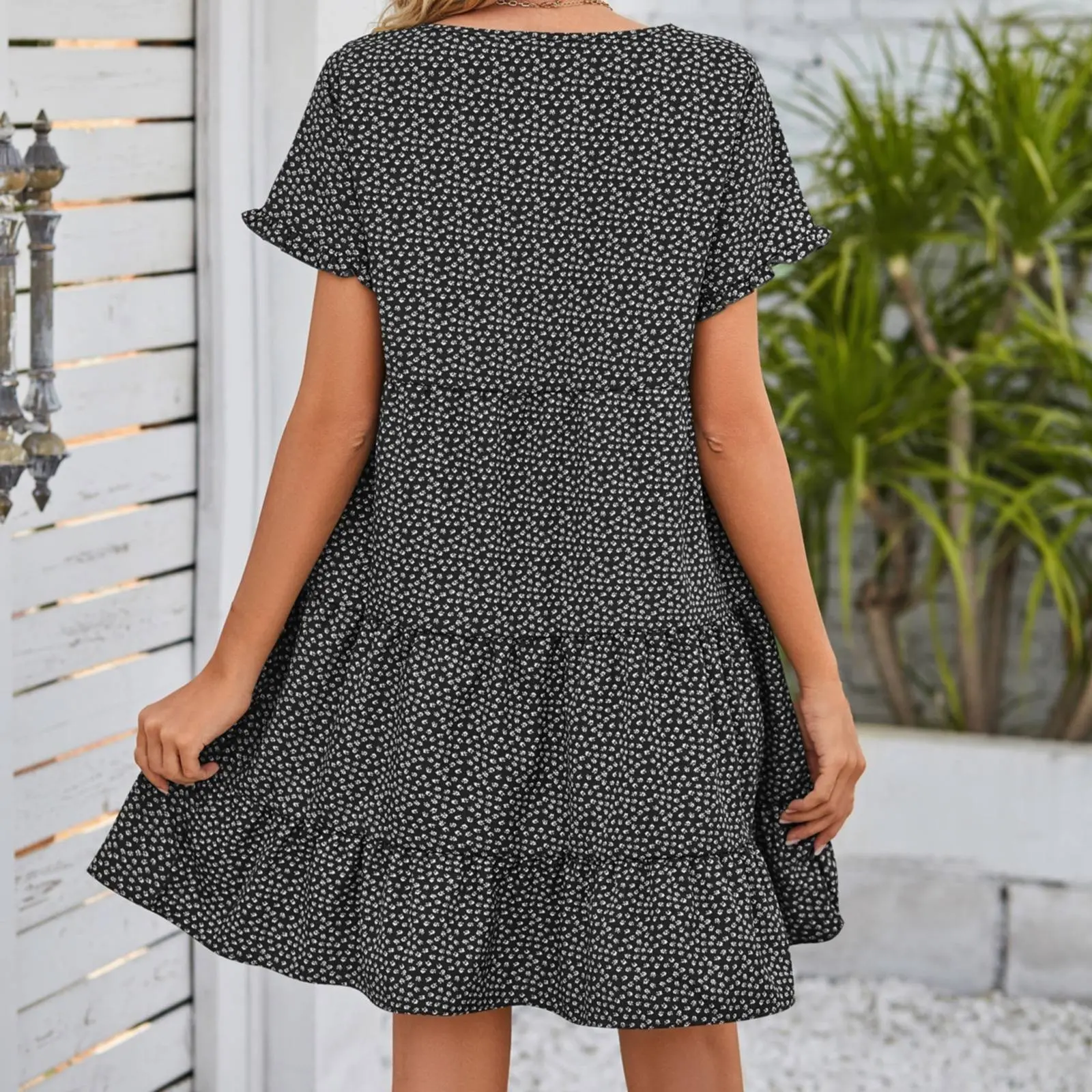 Women's Summer Floral Dresses Loose Fit Round Neck Pleated Short Dresses Casual Flare Sleeve Tierred Dresses For Women платье