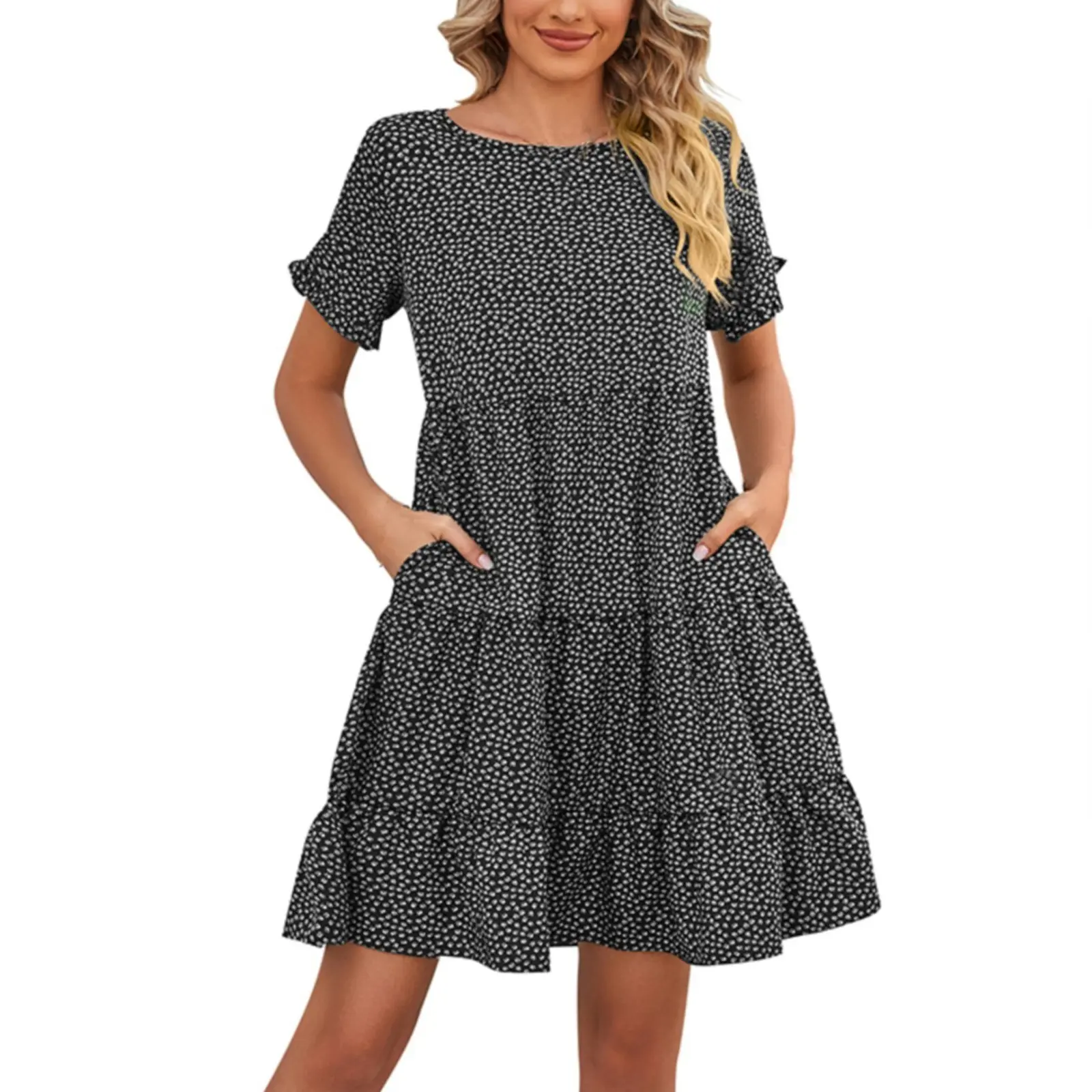 Women's Summer Floral Dresses Loose Fit Round Neck Pleated Short Dresses Casual Flare Sleeve Tierred Dresses For Women платье