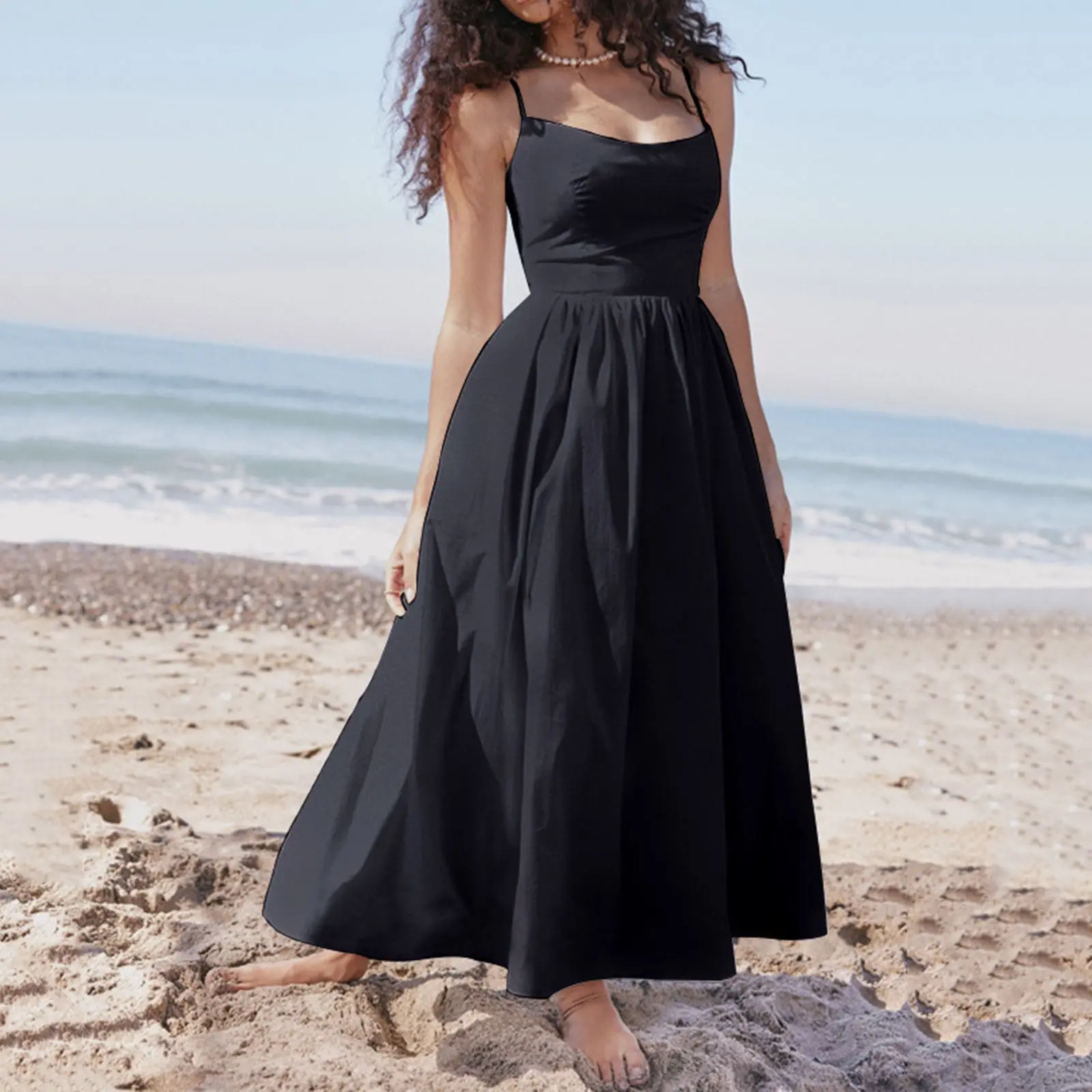 Women Sleeveless Sling Long Dresses A Line Backless Solid Color Large Swing Dress For Women Hotsweet Party Elegant Sexy Dress