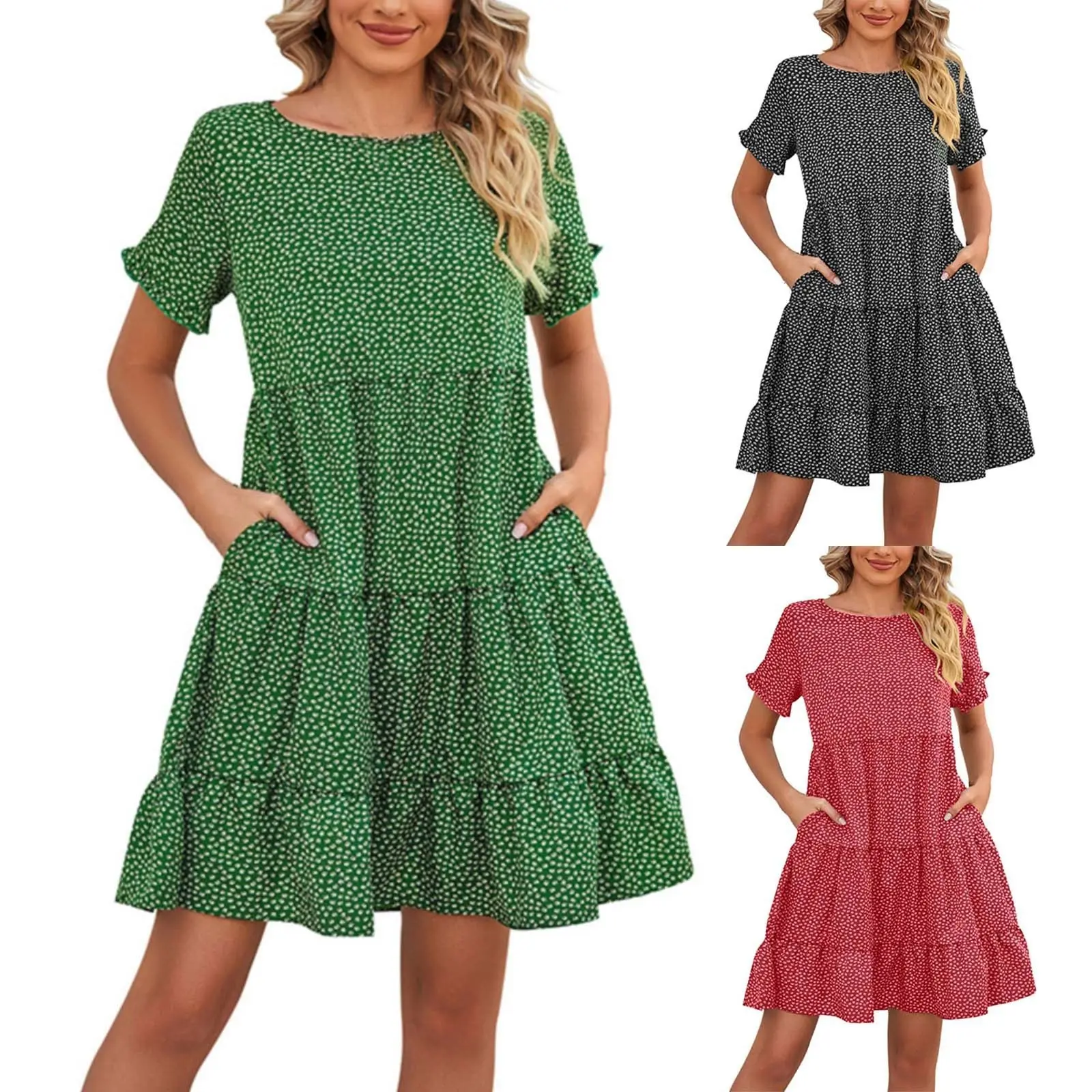 Women's Summer Floral Dresses Loose Fit Round Neck Pleated Short Dresses Casual Flare Sleeve Tierred Dresses For Women платье