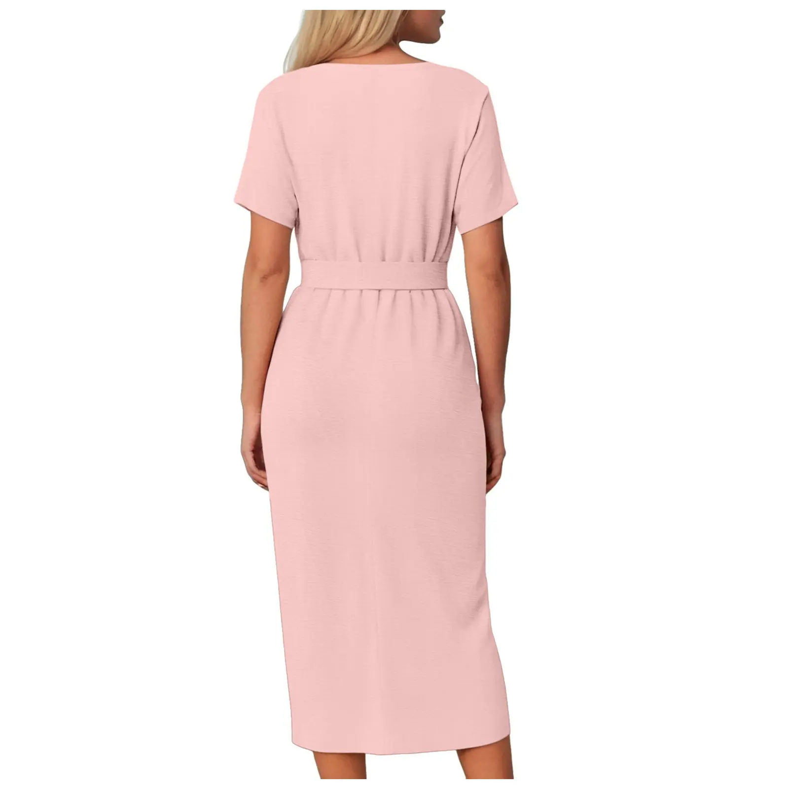 Women's Solid Slim Fit Shirt Dress Turn Down Collar Button Down Pleated Bodycon Long Dress Offce Lady Summer Belt Hip Wrap Robe