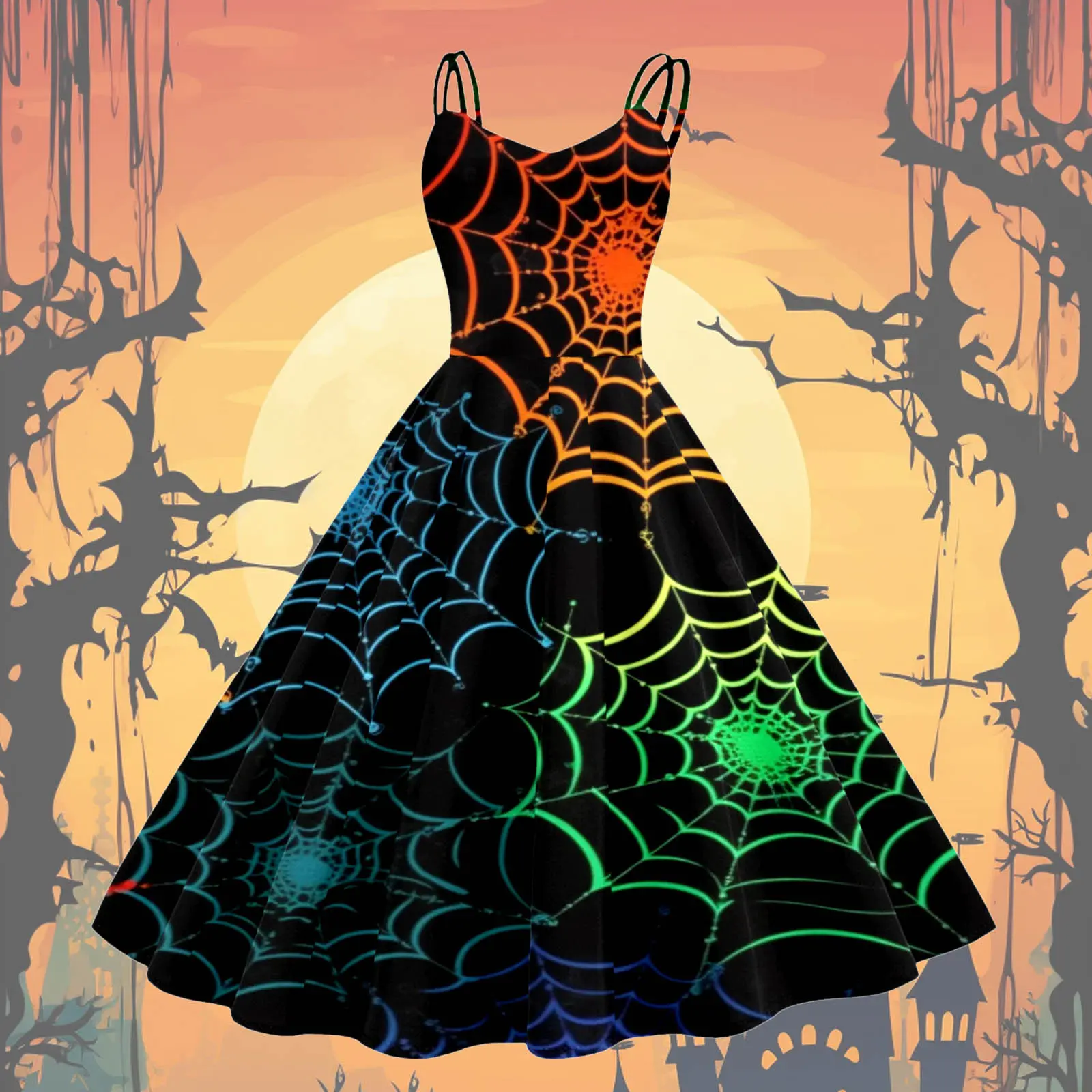 Retro Halloween Dress Women Spaghetti Strap 50S 60S Vintage Party Dresses Spider Web Witch Scary Holloween Cosplay Costumes Robe