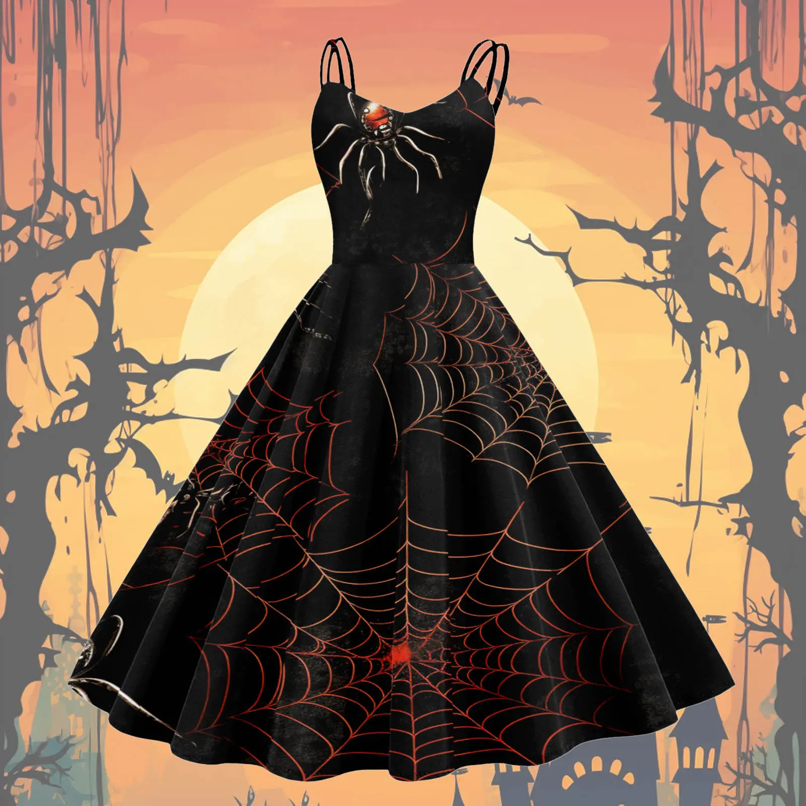Retro Halloween Dress Women Spaghetti Strap 50S 60S Vintage Party Dresses Spider Web Witch Scary Holloween Cosplay Costumes Robe