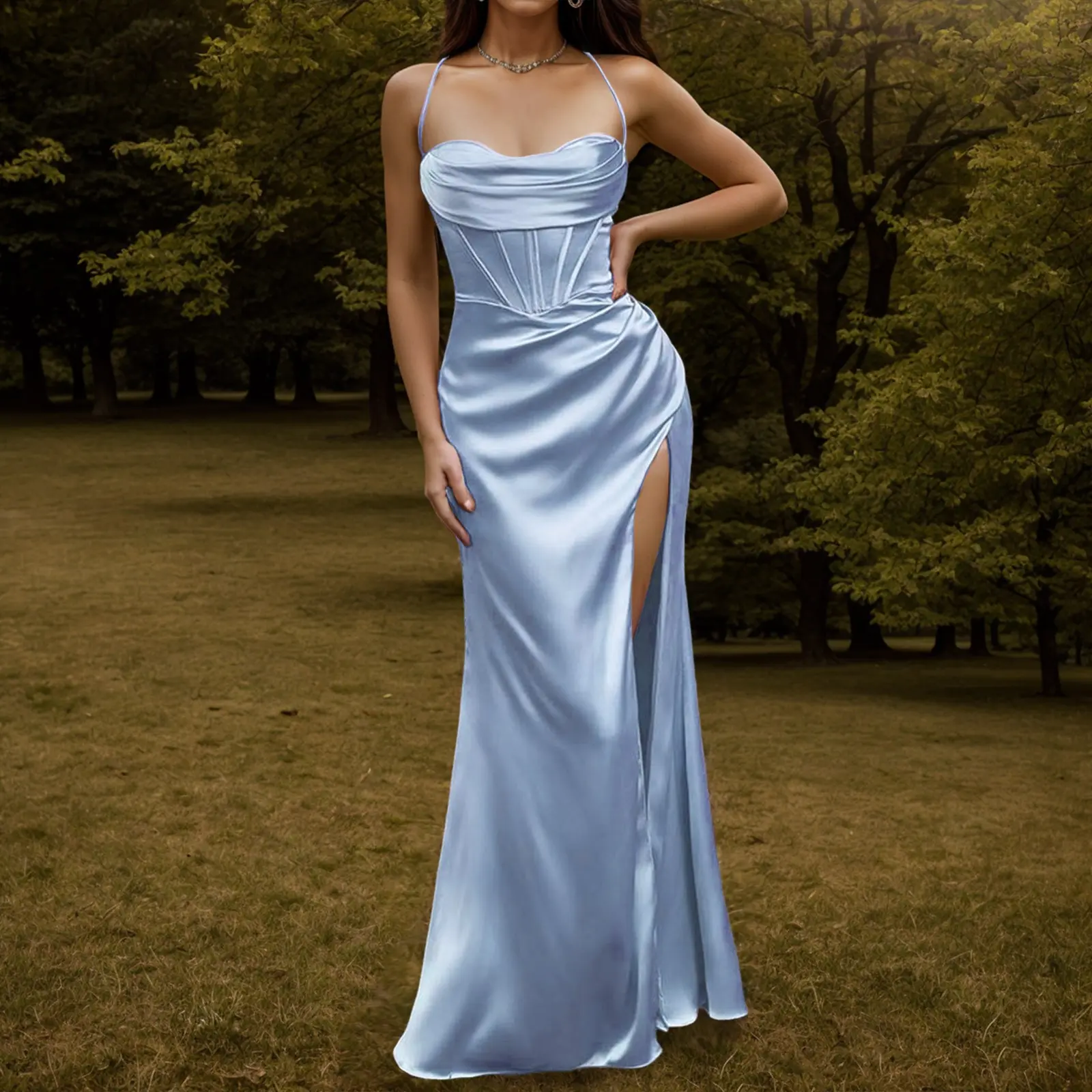 Elegant Satin Backless Lace Up Mermaid Dress Women Sexy Slim Corset Ruched Bodycon Dresses Silk Gown Partywear Maxi Dress Robe