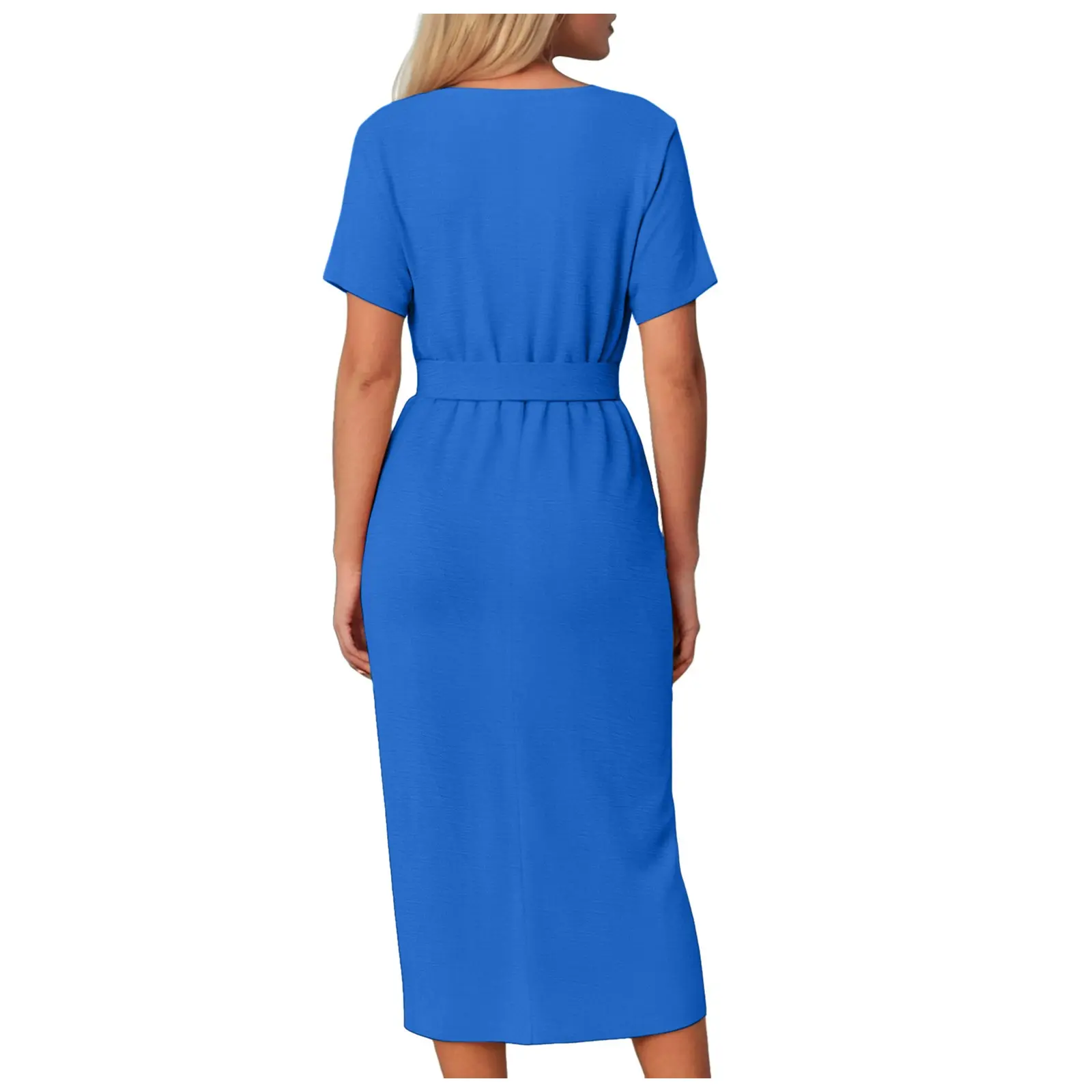 Women's Solid Slim Fit Shirt Dress Turn Down Collar Button Down Pleated Bodycon Long Dress Offce Lady Summer Belt Hip Wrap Robe