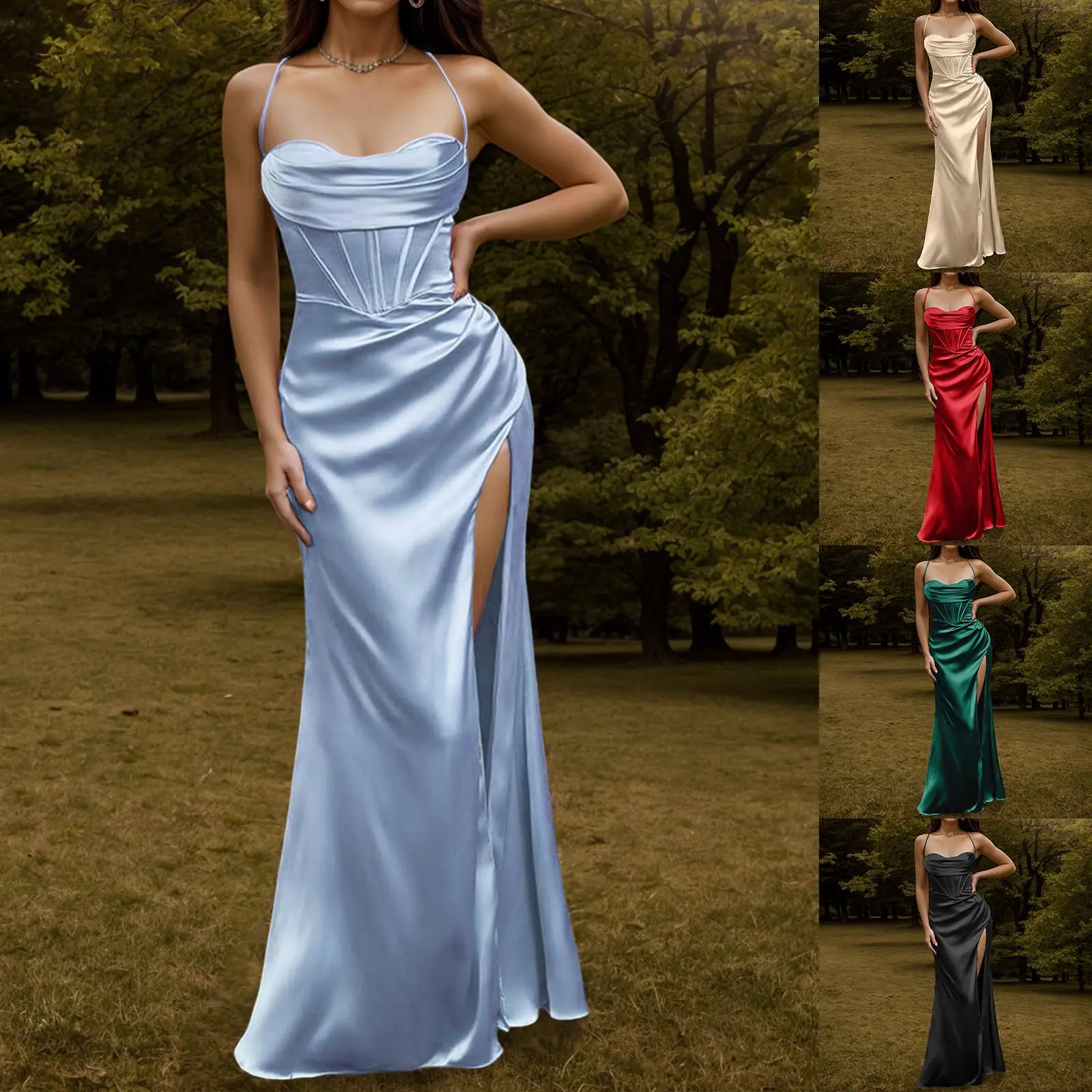 Elegant Satin Backless Lace Up Mermaid Dress Women Sexy Slim Corset Ruched Bodycon Dresses Silk Gown Partywear Maxi Dress Robe