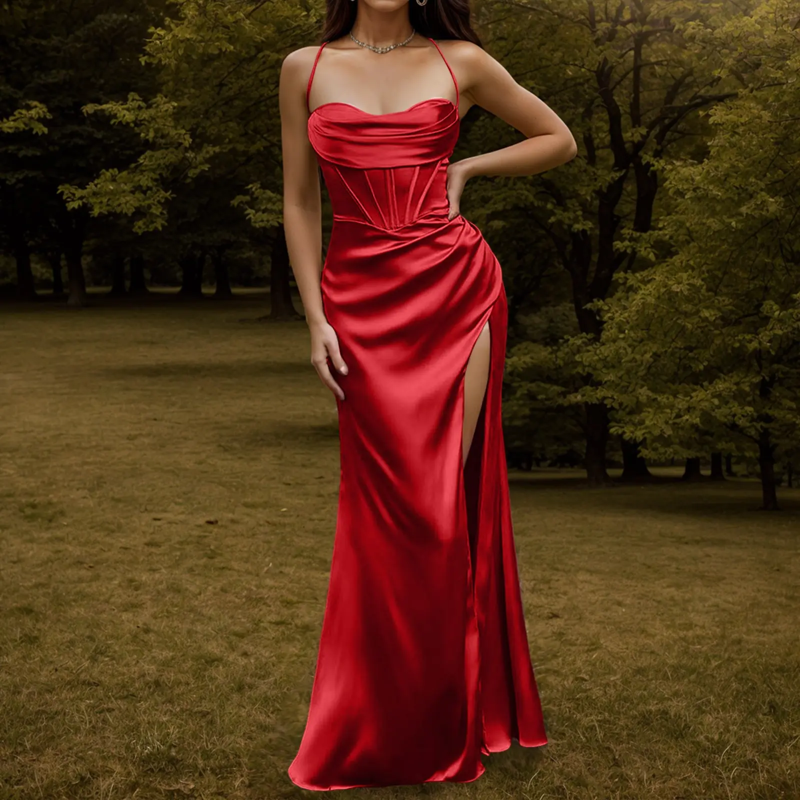 Elegant Satin Backless Lace Up Mermaid Dress Women Sexy Slim Corset Ruched Bodycon Dresses Silk Gown Partywear Maxi Dress Robe