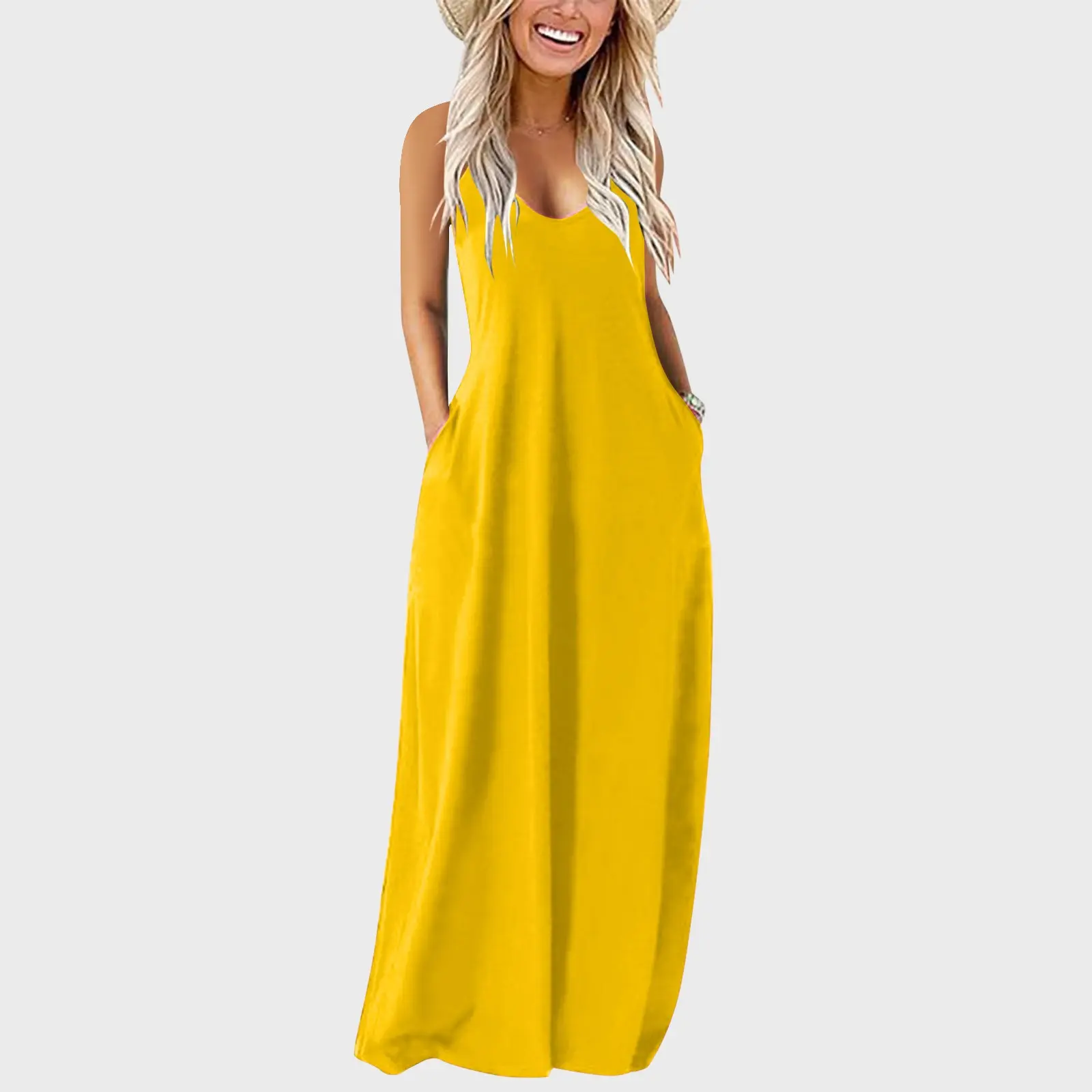 Women's Sleeveless Camisole Long Dress Solid Color V Neck Loose Fit Spaghetti Strap Dress Casual Swing Beach Dress With Pockets