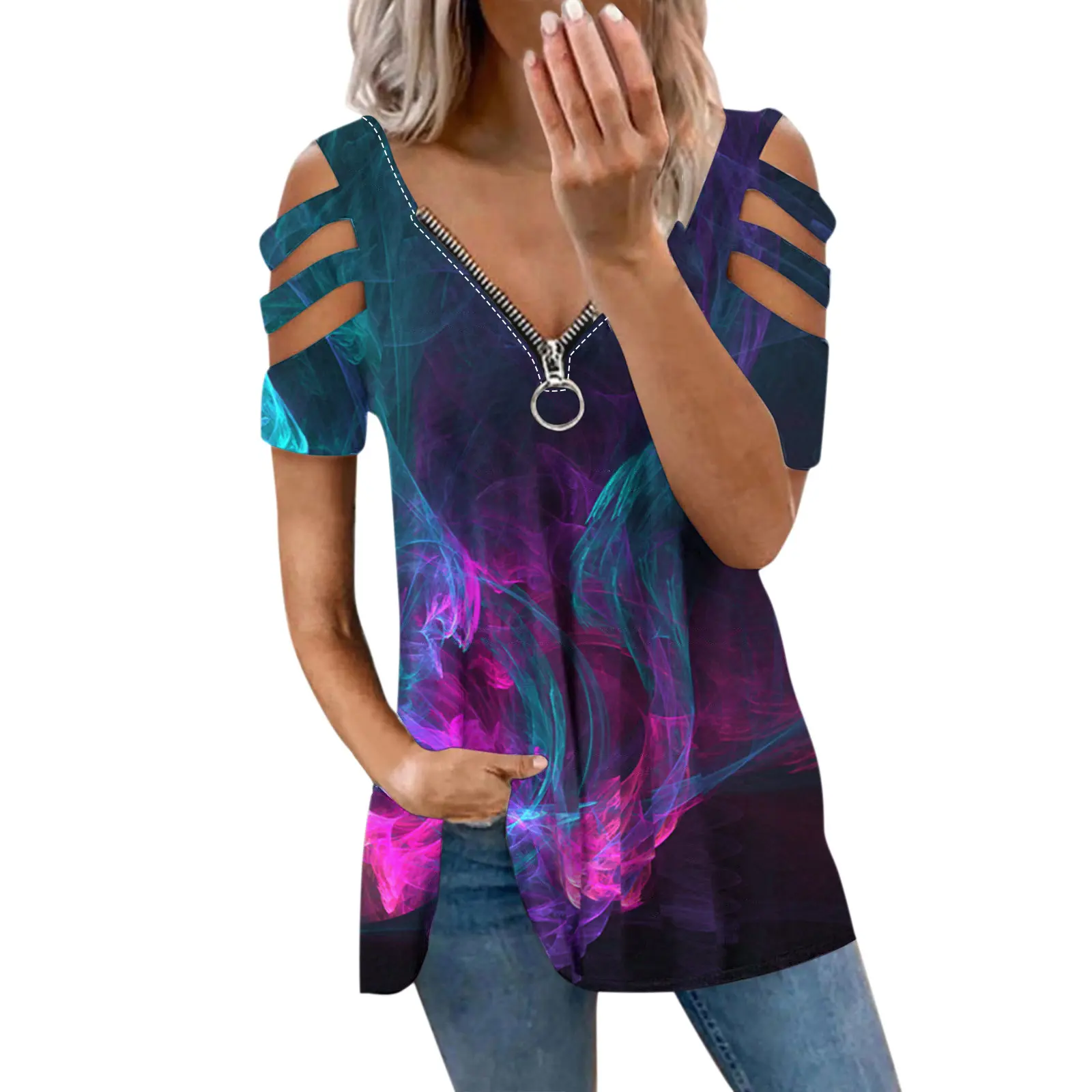 Vintage Flower Fashion Print V-Neck Zipper Casual T-shirt Ladies Tunic Tops Sexy Hollow Off Shoulder Shirts Tee Women's Clothing