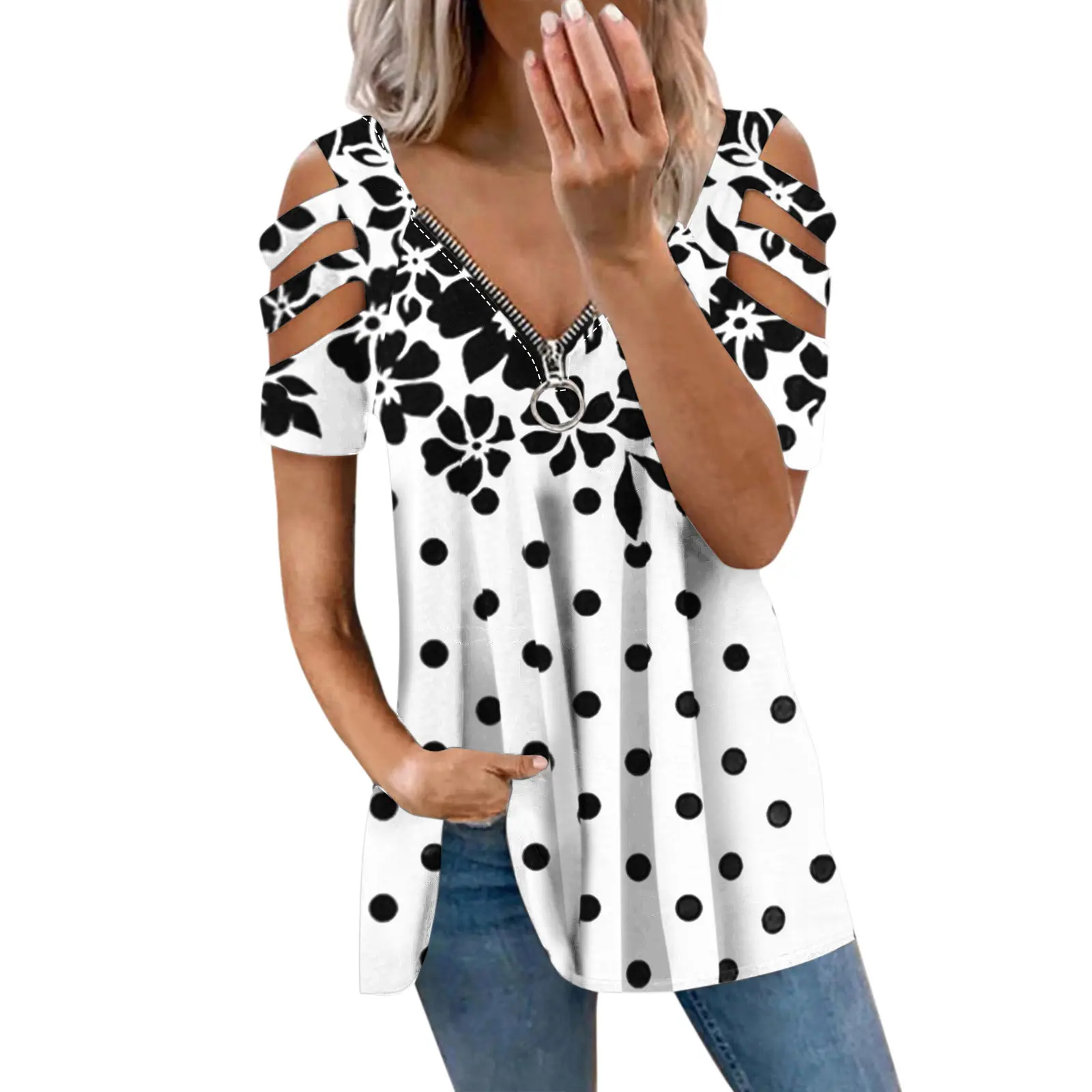 Vintage Flower Fashion Print V-Neck Zipper Casual T-shirt Ladies Tunic Tops Sexy Hollow Off Shoulder Shirts Tee Women's Clothing