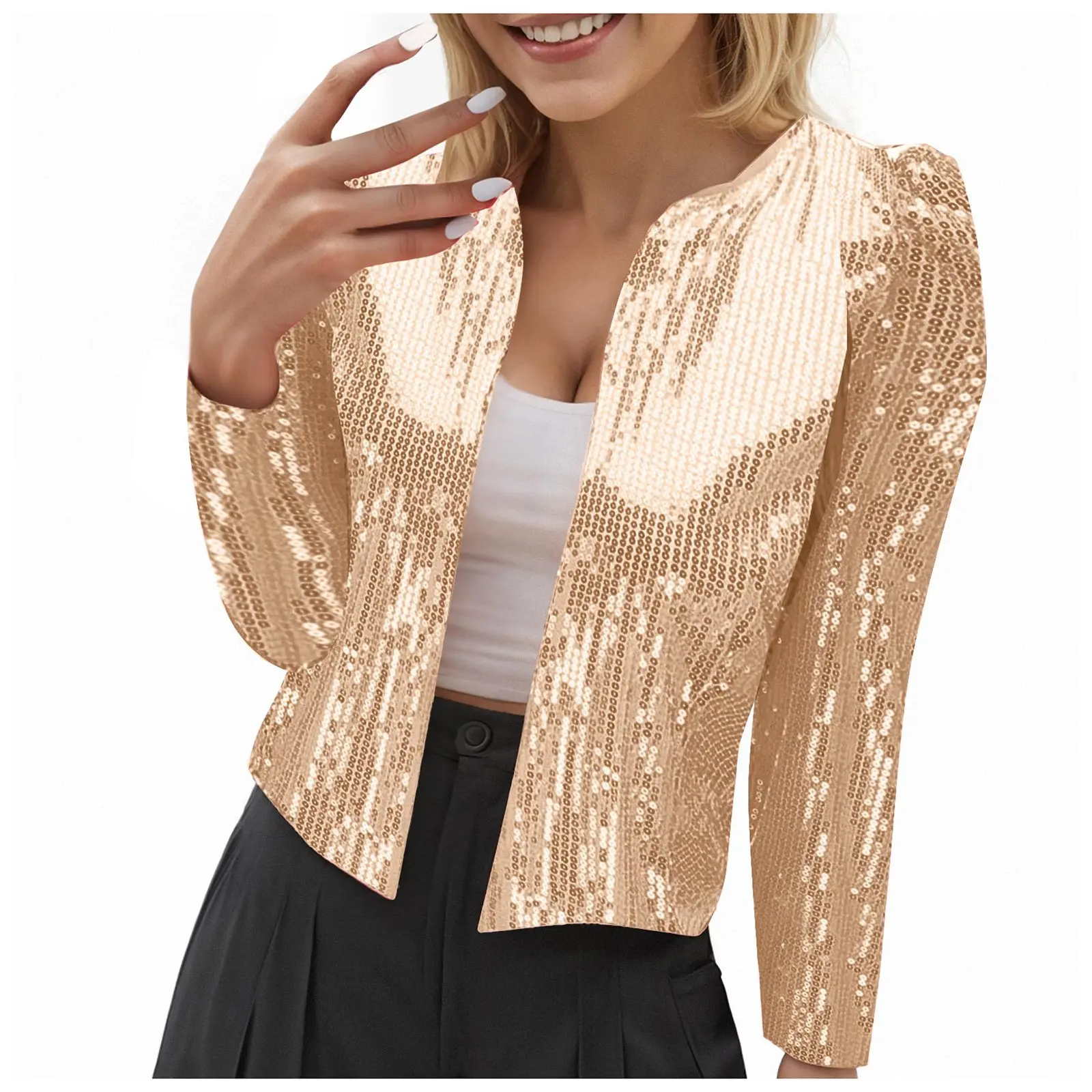 Women's Casual Open Cardigan Sequin Jacket Round Neck Long Sleeve Short Jacket Glitter Slim Fit Fall Cropped Jacket For Women