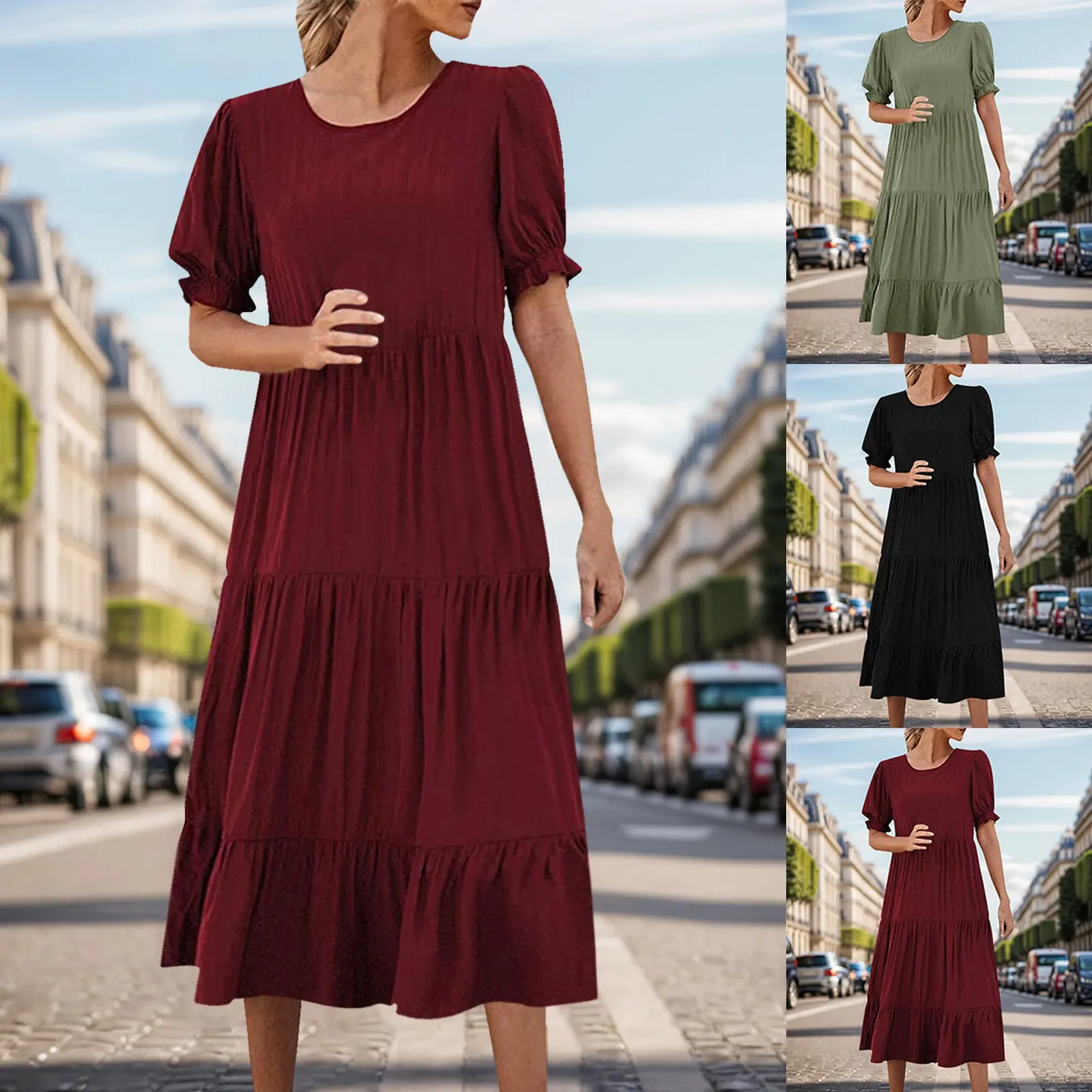 Womens Casual Dresses Ruffles Puff Sleeve High Waist Midi Boho Long Dress Retro Plus Size Short Sleeve Beach Dresses For Women