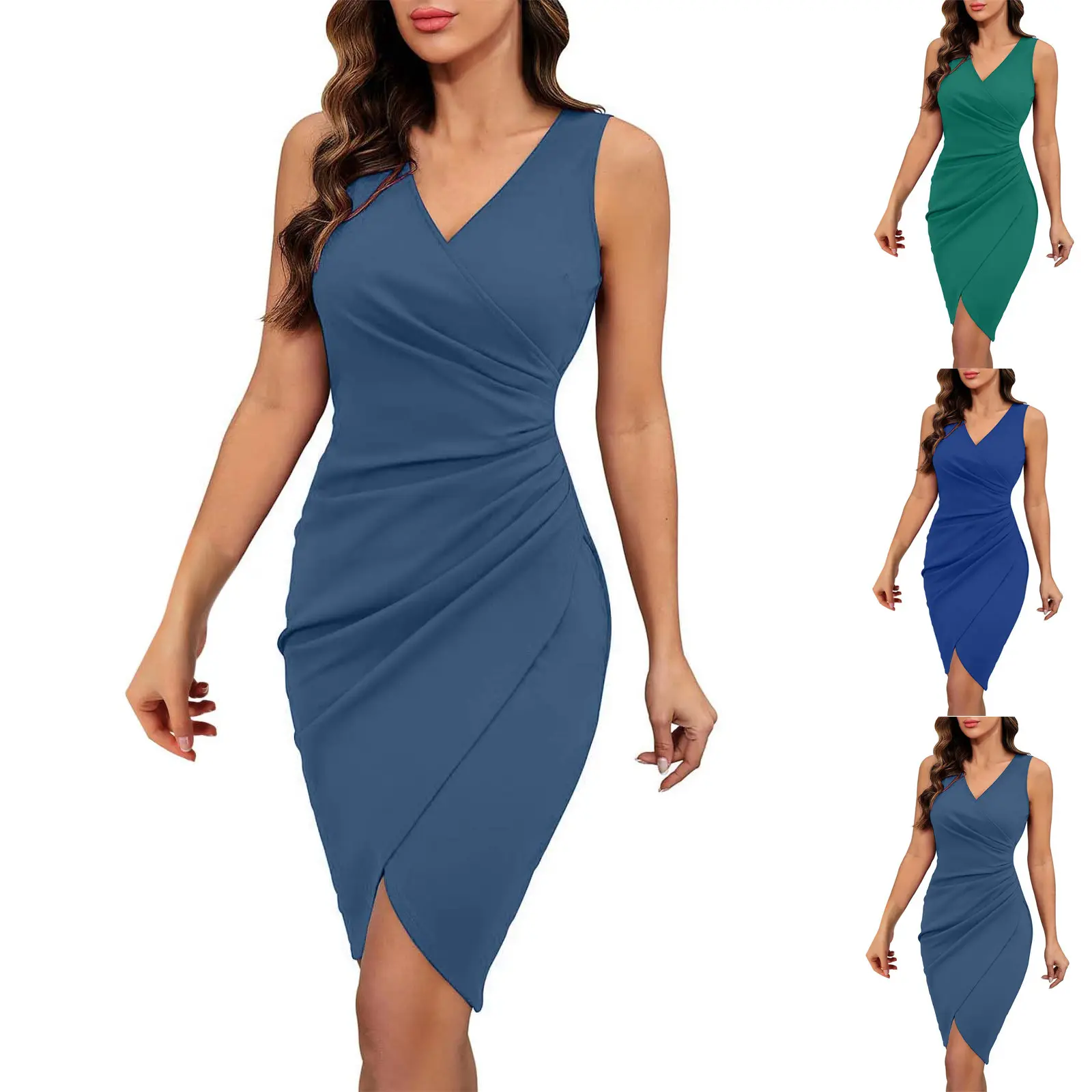 Elegant Party Dress For Women Sexy V Neck Sleeveless Ruched Solid Long Dress Trendy Bodycon Asymmetrical Hem Summer Dresses 2025