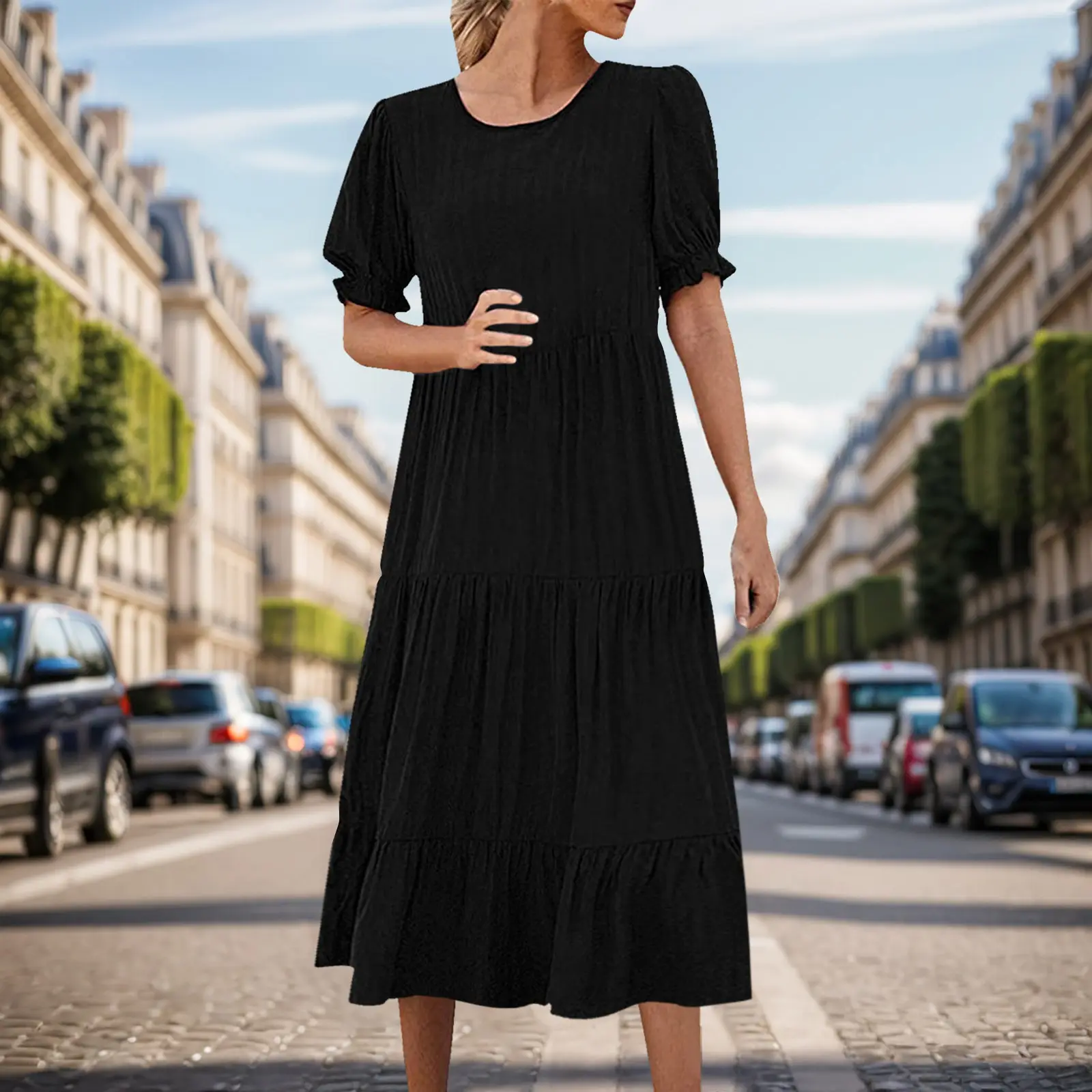 Womens Casual Dresses Ruffles Puff Sleeve High Waist Midi Boho Long Dress Retro Plus Size Short Sleeve Beach Dresses For Women