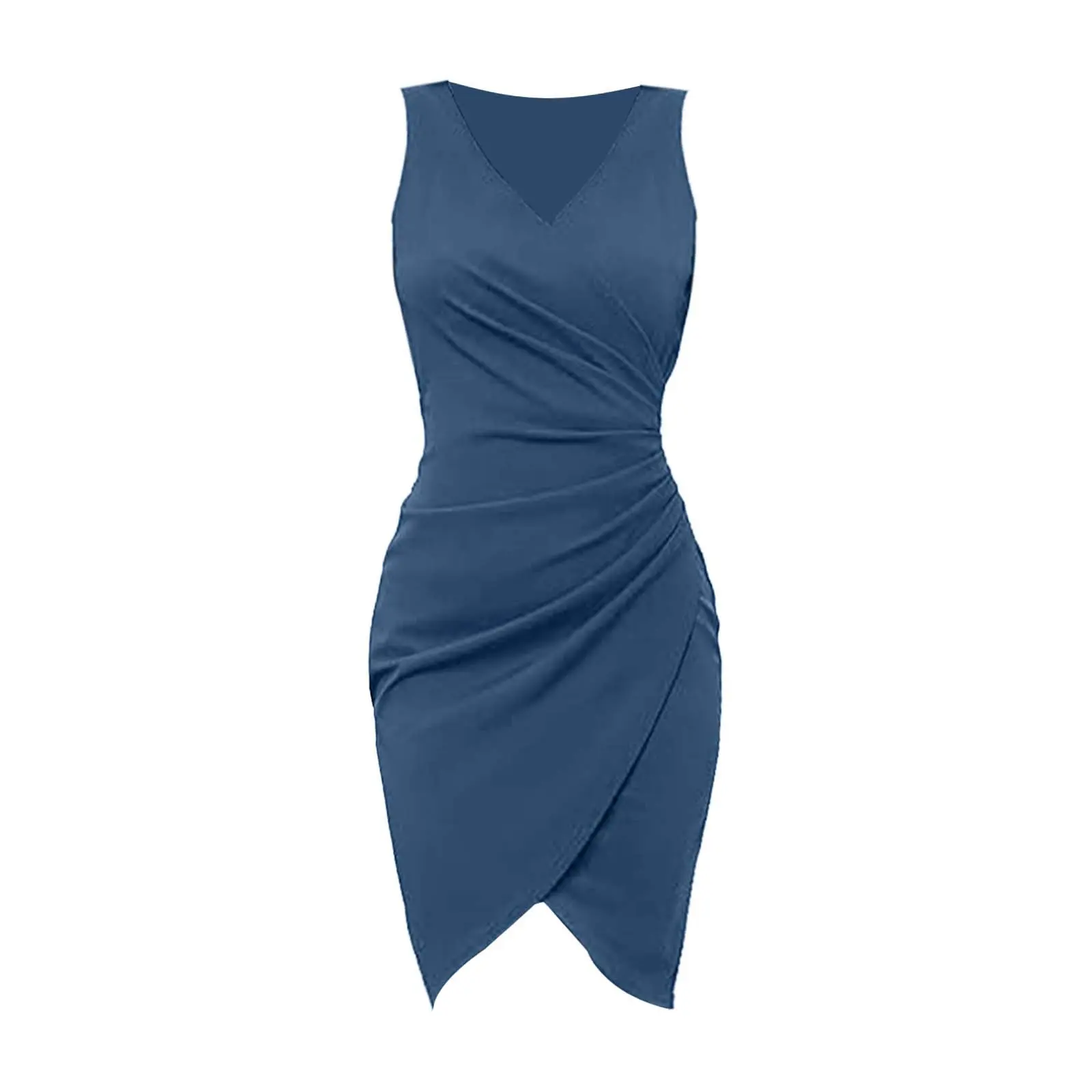 Elegant Party Dress For Women Sexy V Neck Sleeveless Ruched Solid Long Dress Trendy Bodycon Asymmetrical Hem Summer Dresses 2025