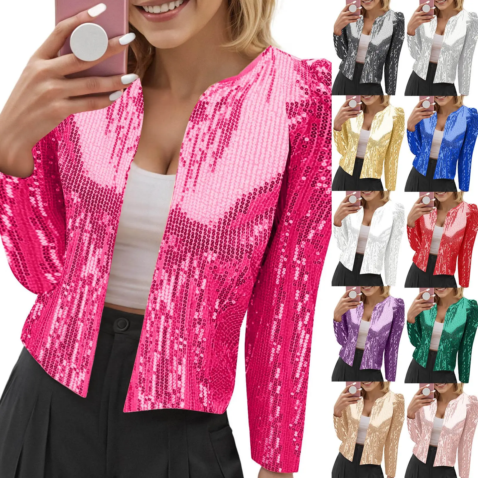 Women's Casual Open Cardigan Sequin Jacket Round Neck Long Sleeve Short Jacket Glitter Slim Fit Fall Cropped Jacket For Women