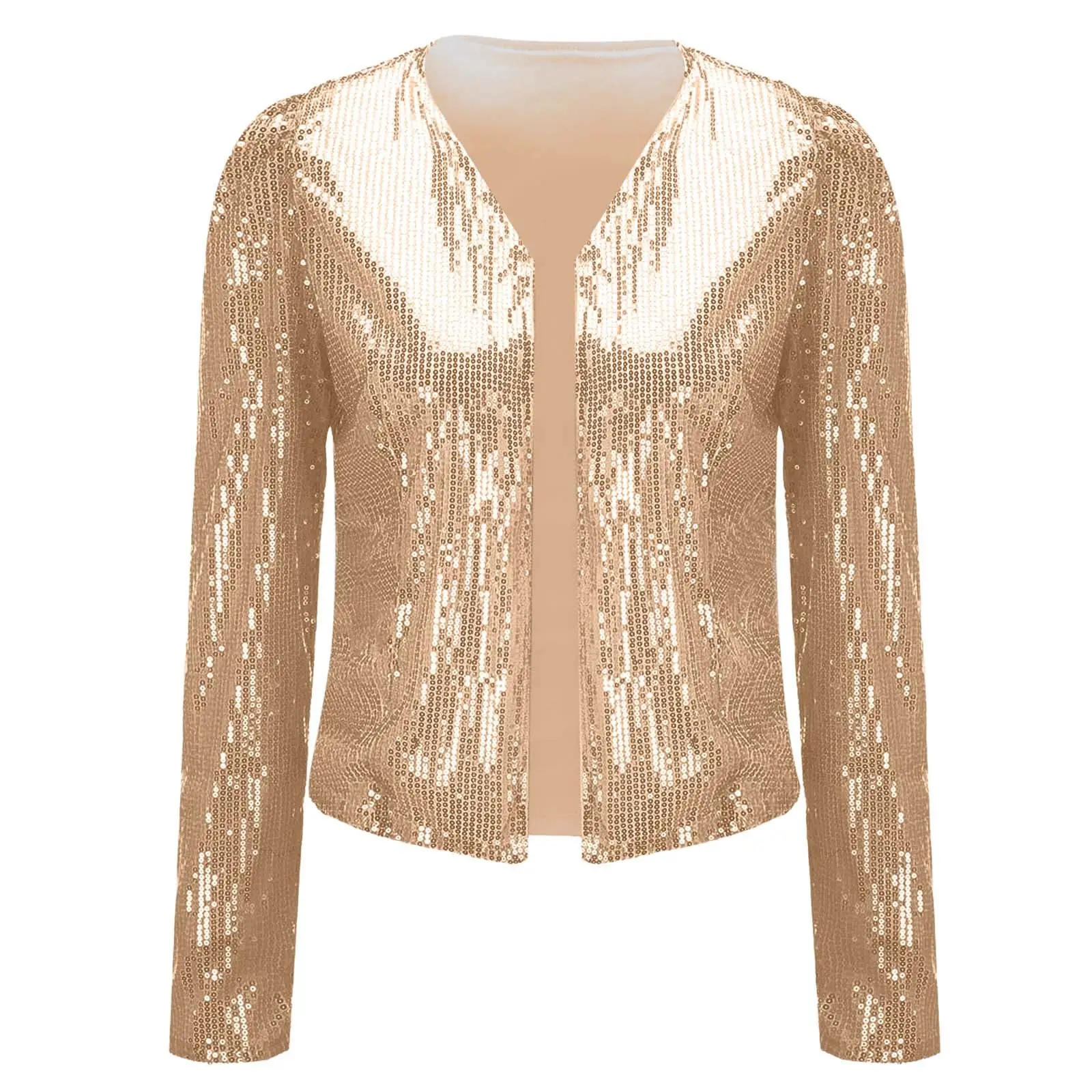 Women's Casual Open Cardigan Sequin Jacket Round Neck Long Sleeve Short Jacket Glitter Slim Fit Fall Cropped Jacket For Women
