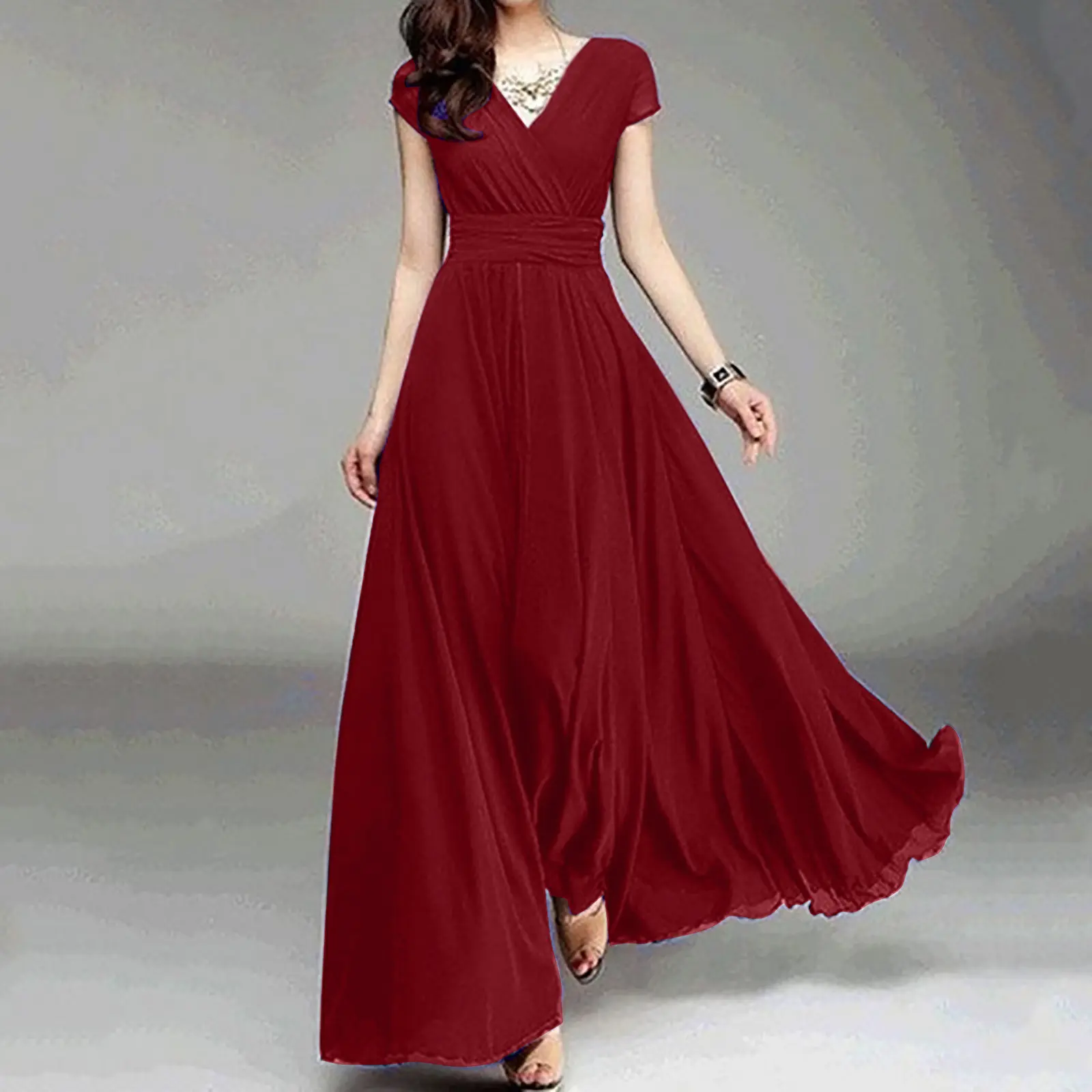 Elegant Woman Party Dress V Neck Solid Color Short Sleeve Bohemian Style Ruched Long Dress Casual Slim Fit Pleated Summer Dress