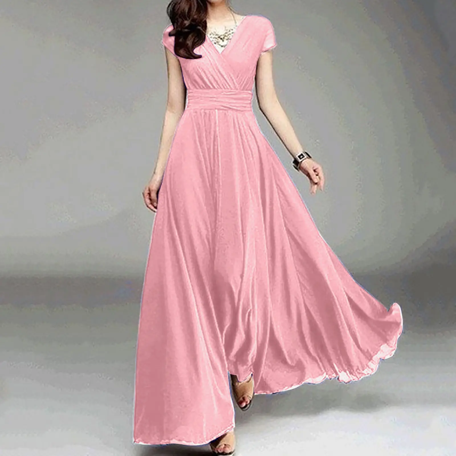Elegant Woman Party Dress V Neck Solid Color Short Sleeve Bohemian Style Ruched Long Dress Casual Slim Fit Pleated Summer Dress